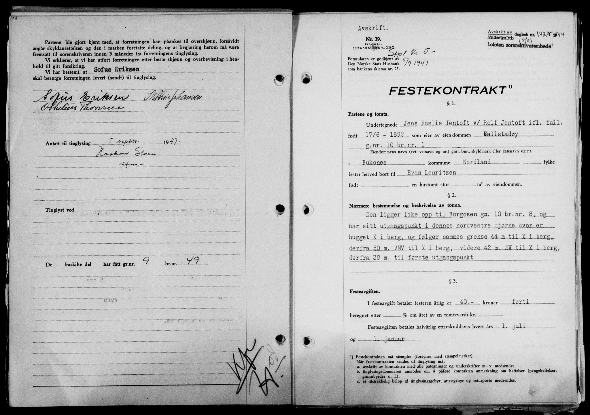 Lofoten sorenskriveri, SAT/A-0017/1/2/2C/L0016a: Mortgage book no. 16a, 1947-1947, Diary no: : 1429/1947