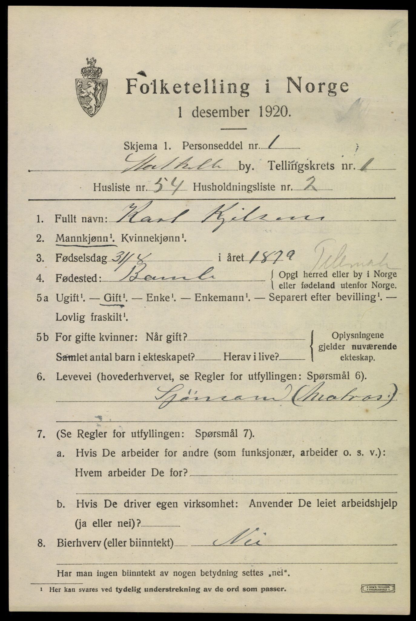SAKO, 1920 census for Stathelle, 1920, p. 1051