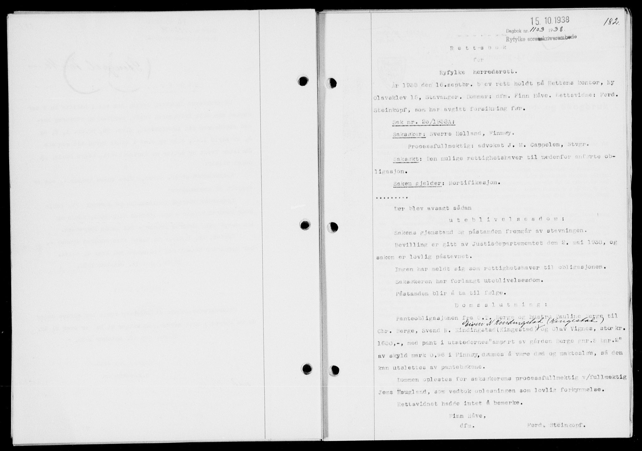 Ryfylke tingrett, SAST/A-100055/001/II/IIB/L0078: Mortgage book no. 57, 1938-1938, Diary no: : 1103/1938