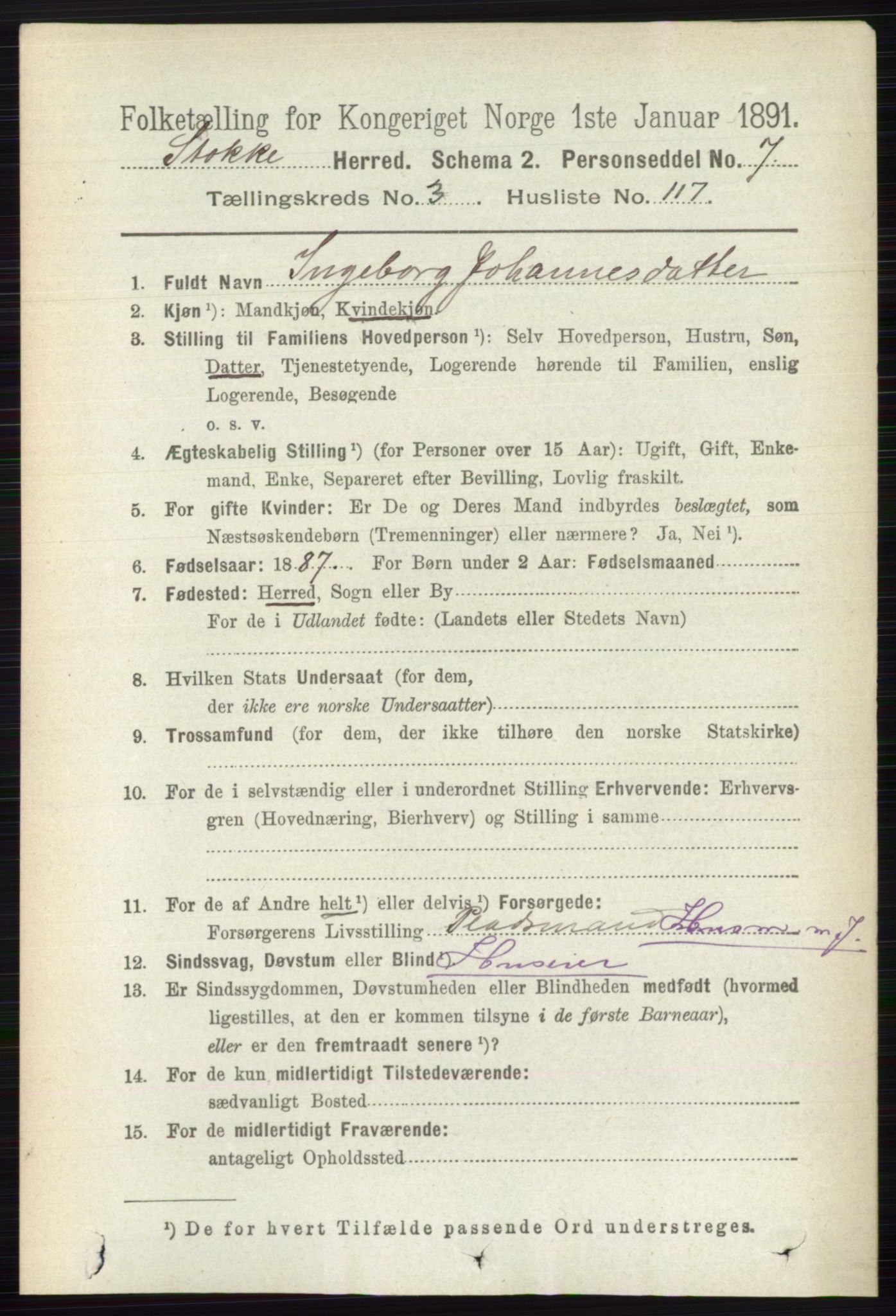 RA, 1891 census for 0720 Stokke, 1891, p. 2315