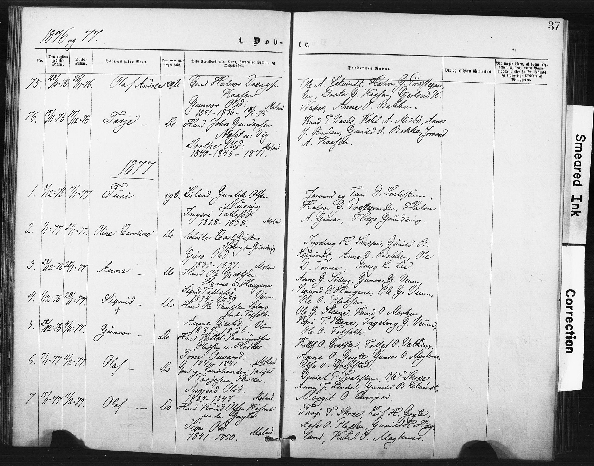 Fyresdal kirkebøker, AV/SAKO-A-263/F/Fa/L0006: Parish register (official) no. I 6, 1872-1886, p. 37