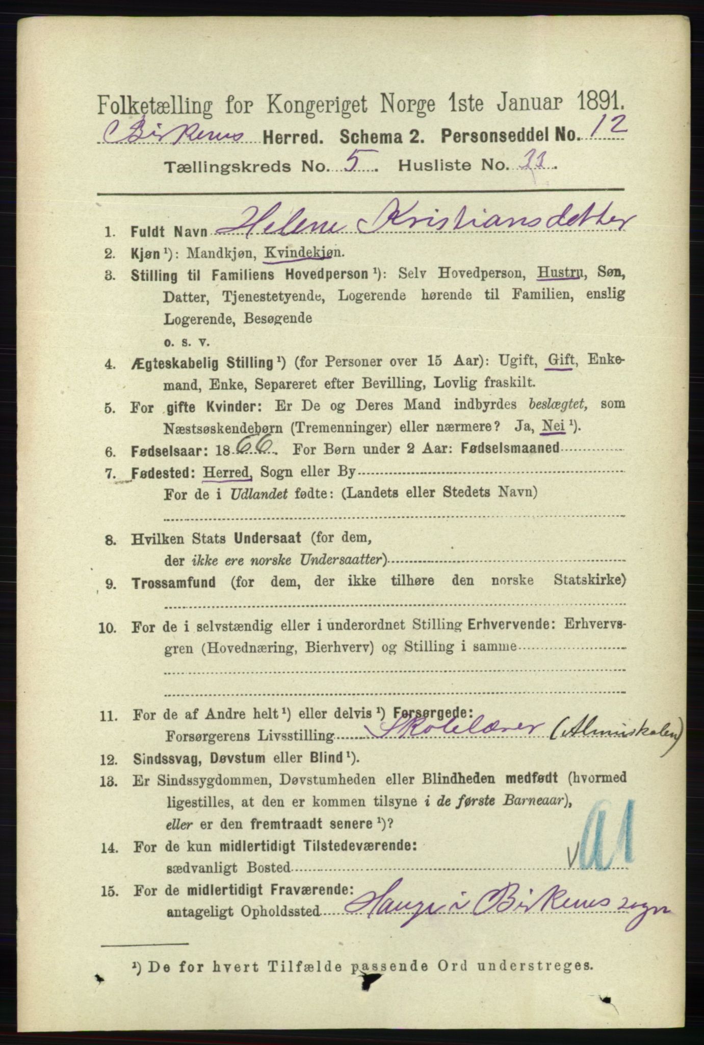 RA, 1891 Census for 0928 Birkenes, 1891, p. 1761