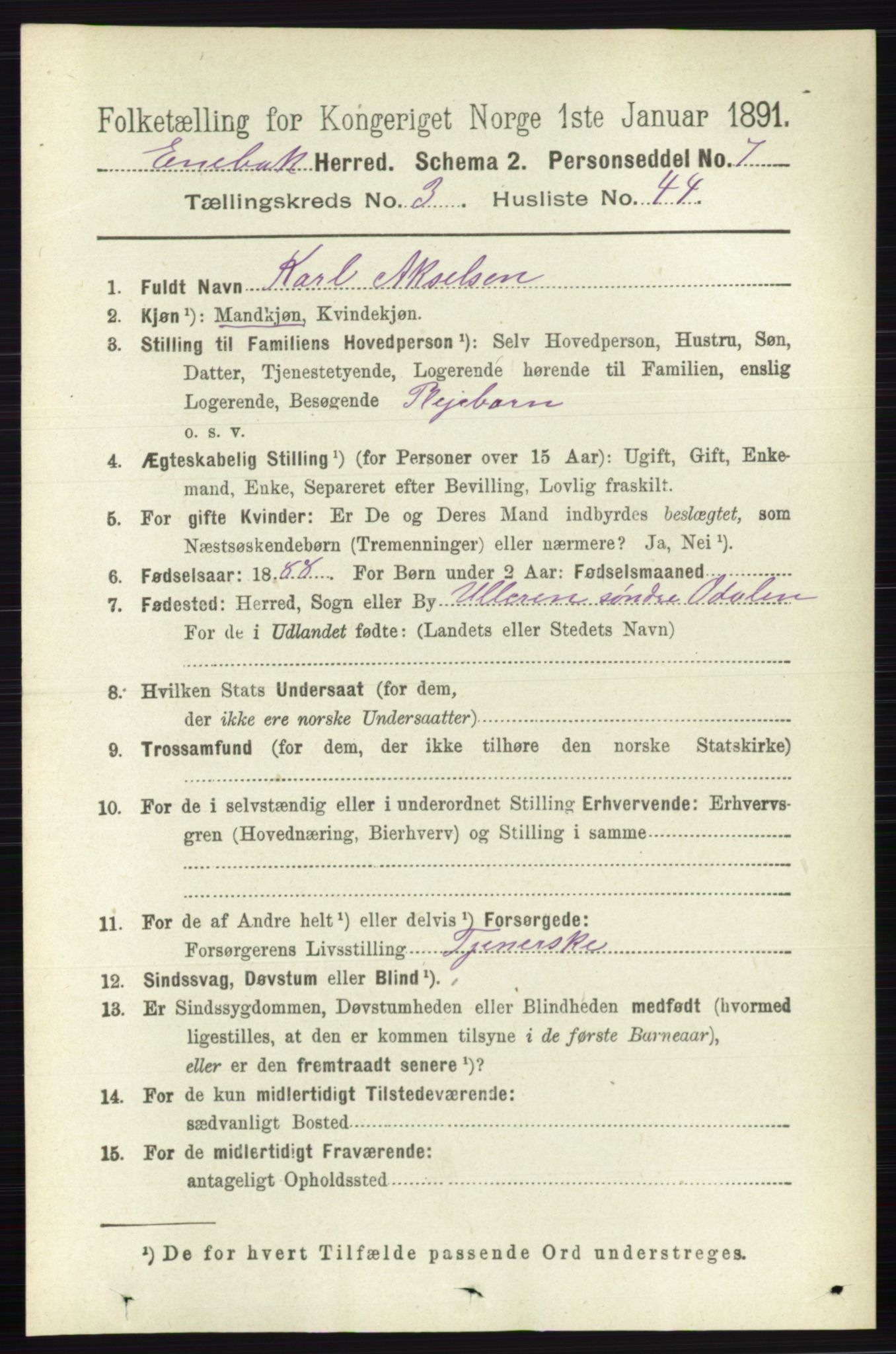 RA, 1891 census for 0229 Enebakk, 1891, p. 1402