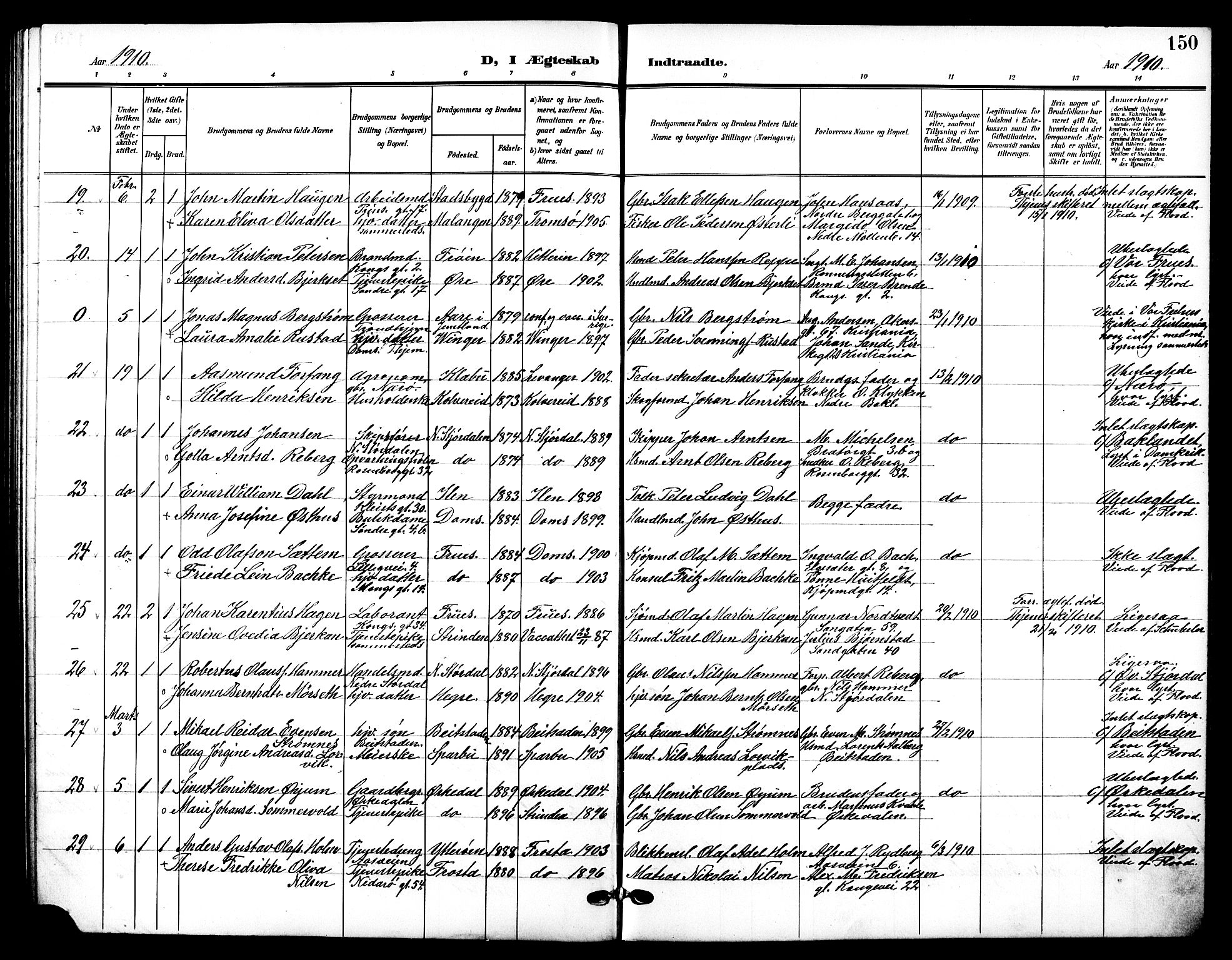 Ministerialprotokoller, klokkerbøker og fødselsregistre - Sør-Trøndelag, AV/SAT-A-1456/601/L0095: Parish register (copy) no. 601C13, 1902-1911, p. 150