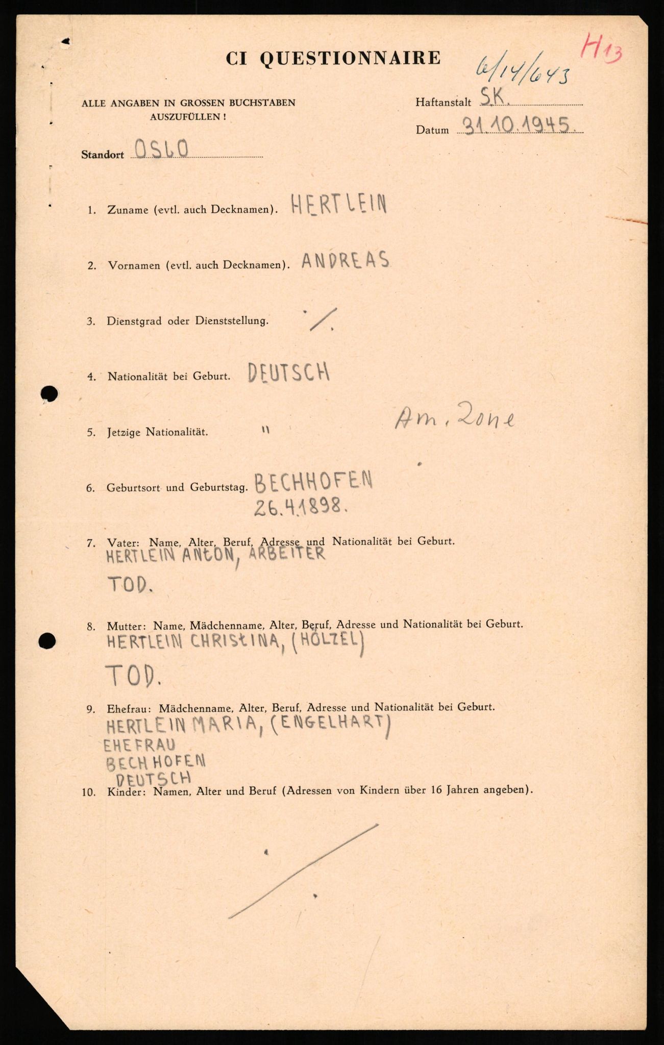 Forsvaret, Forsvarets overkommando II, AV/RA-RAFA-3915/D/Db/L0013: CI Questionaires. Tyske okkupasjonsstyrker i Norge. Tyskere., 1945-1946, p. 79