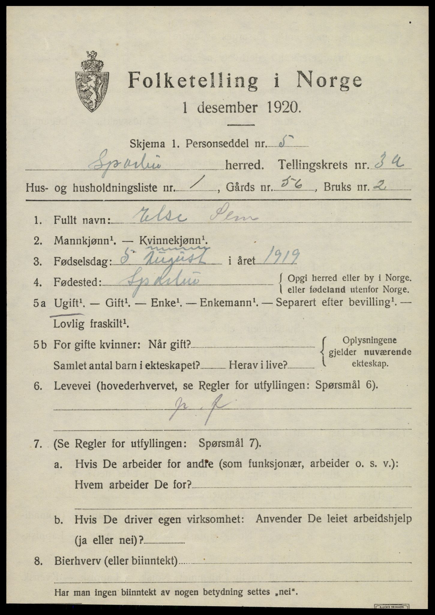 SAT, 1920 census for Sparbu, 1920, p. 4181