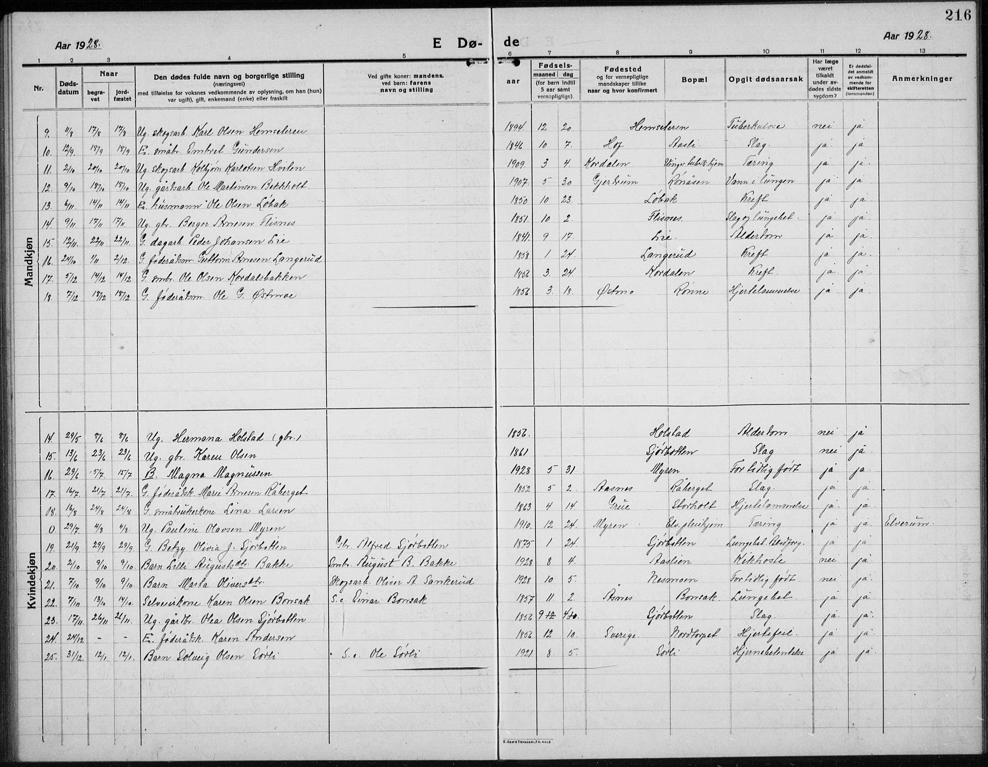 Hof prestekontor, SAH/PREST-038/H/Ha/Hab/L0002: Parish register (copy) no. 2, 1915-1934, p. 216