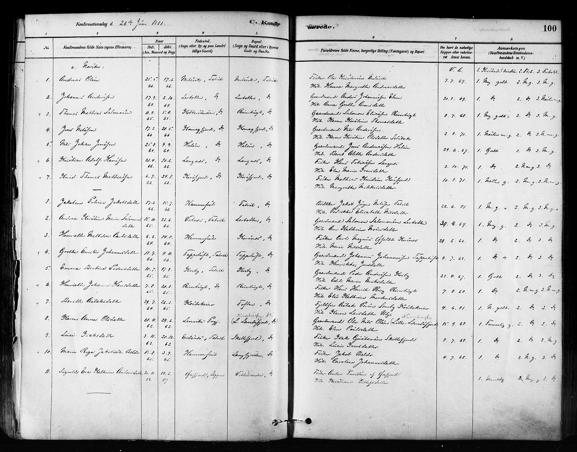 Talvik sokneprestkontor, SATØ/S-1337/H/Ha/L0012kirke: Parish register (official) no. 12, 1878-1886, p. 100