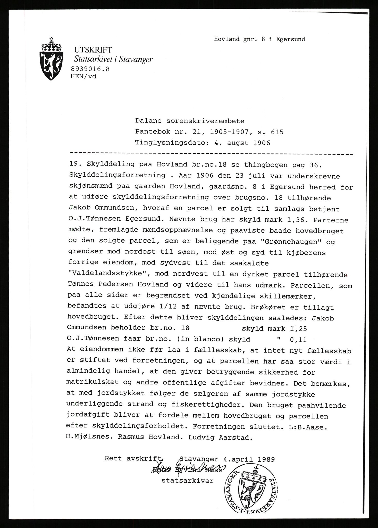 Statsarkivet i Stavanger, AV/SAST-A-101971/03/Y/Yj/L0040: Avskrifter sortert etter gårdnavn: Hovland i Egersun - Hustveit, 1750-1930, p. 292
