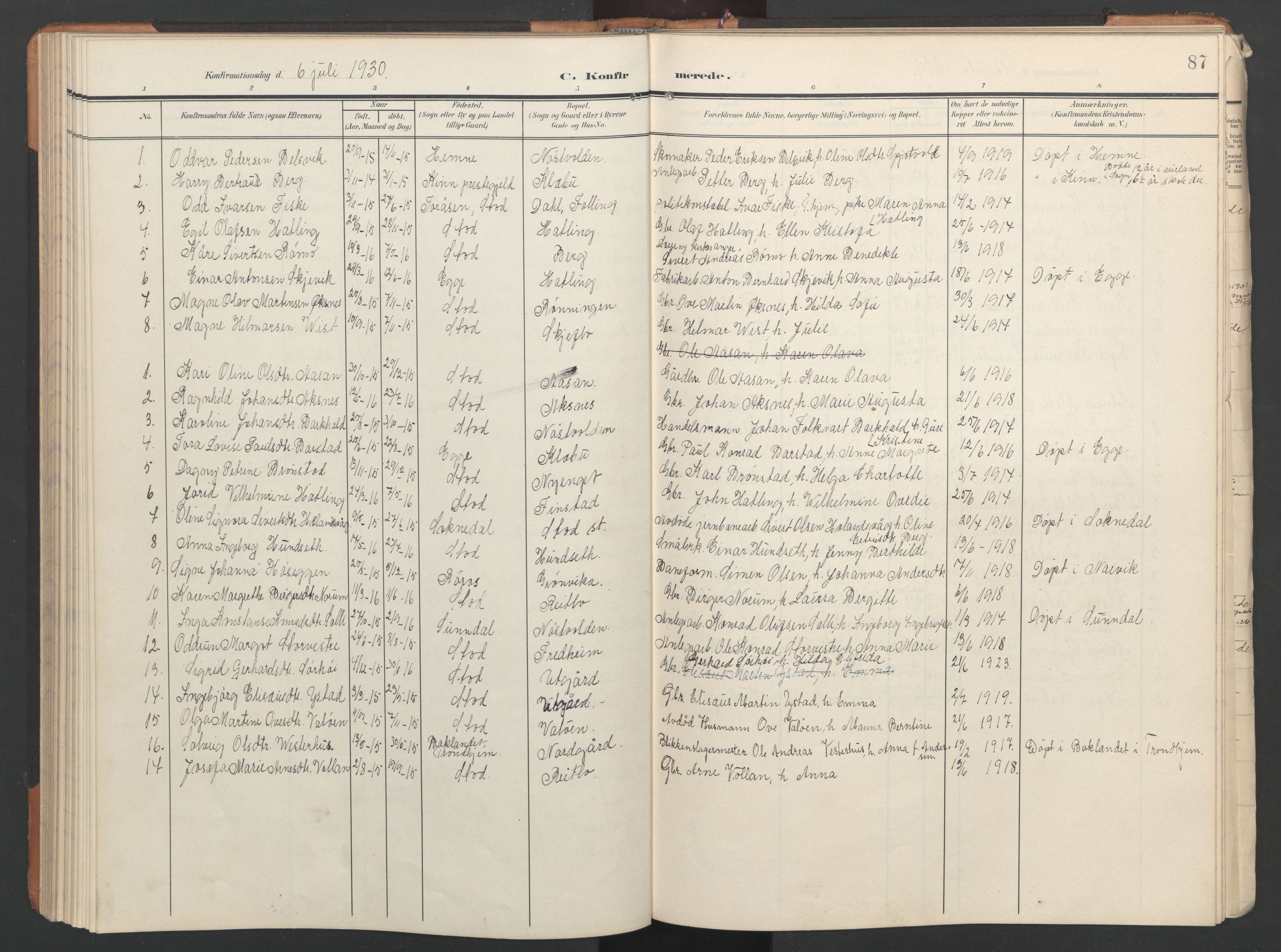 Ministerialprotokoller, klokkerbøker og fødselsregistre - Nord-Trøndelag, SAT/A-1458/746/L0455: Parish register (copy) no. 746C01, 1908-1933, p. 87