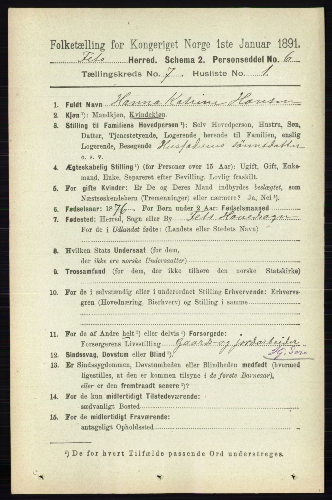 RA, 1891 census for 0227 Fet, 1891, p. 2448