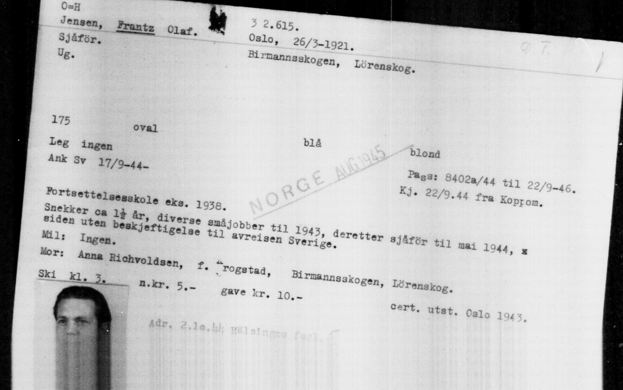 Utenriksstasjonene, Legasjonen i Stockholm, Flyktningkontoret, AV/RA-S-6753/V/Va/L0013: Kjesäterkartoteket, flyktninger med registreringsnr. 31500-34731, 1940-1945, p. 1175