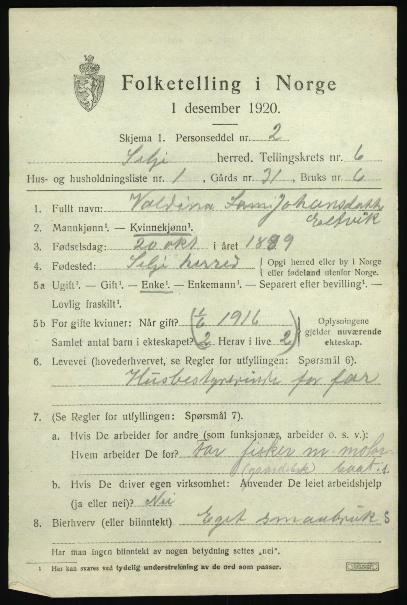 SAB, 1920 census for Selje, 1920, p. 3365