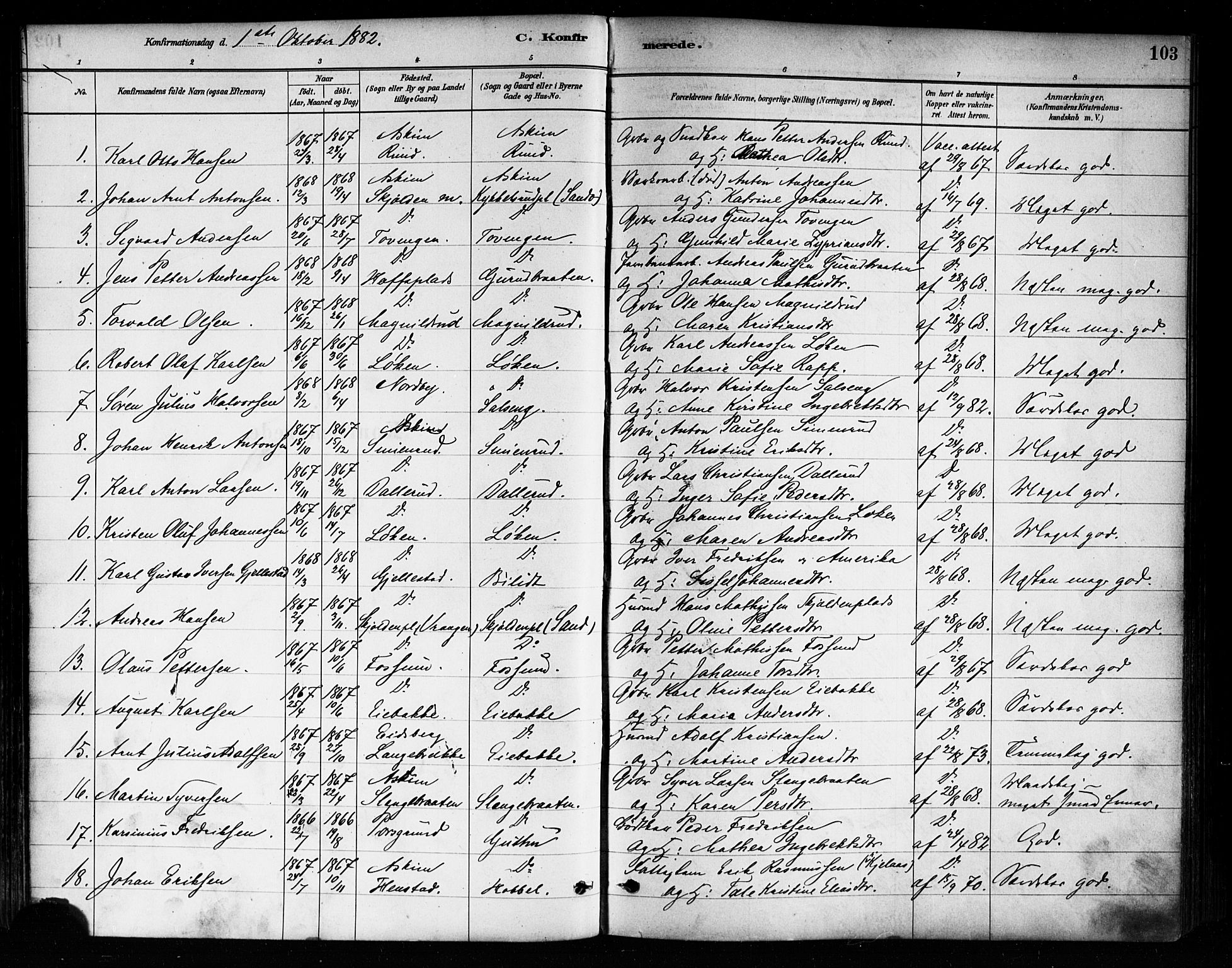 Askim prestekontor Kirkebøker, AV/SAO-A-10900/F/Fa/L0007: Parish register (official) no. 7, 1882-1897, p. 103