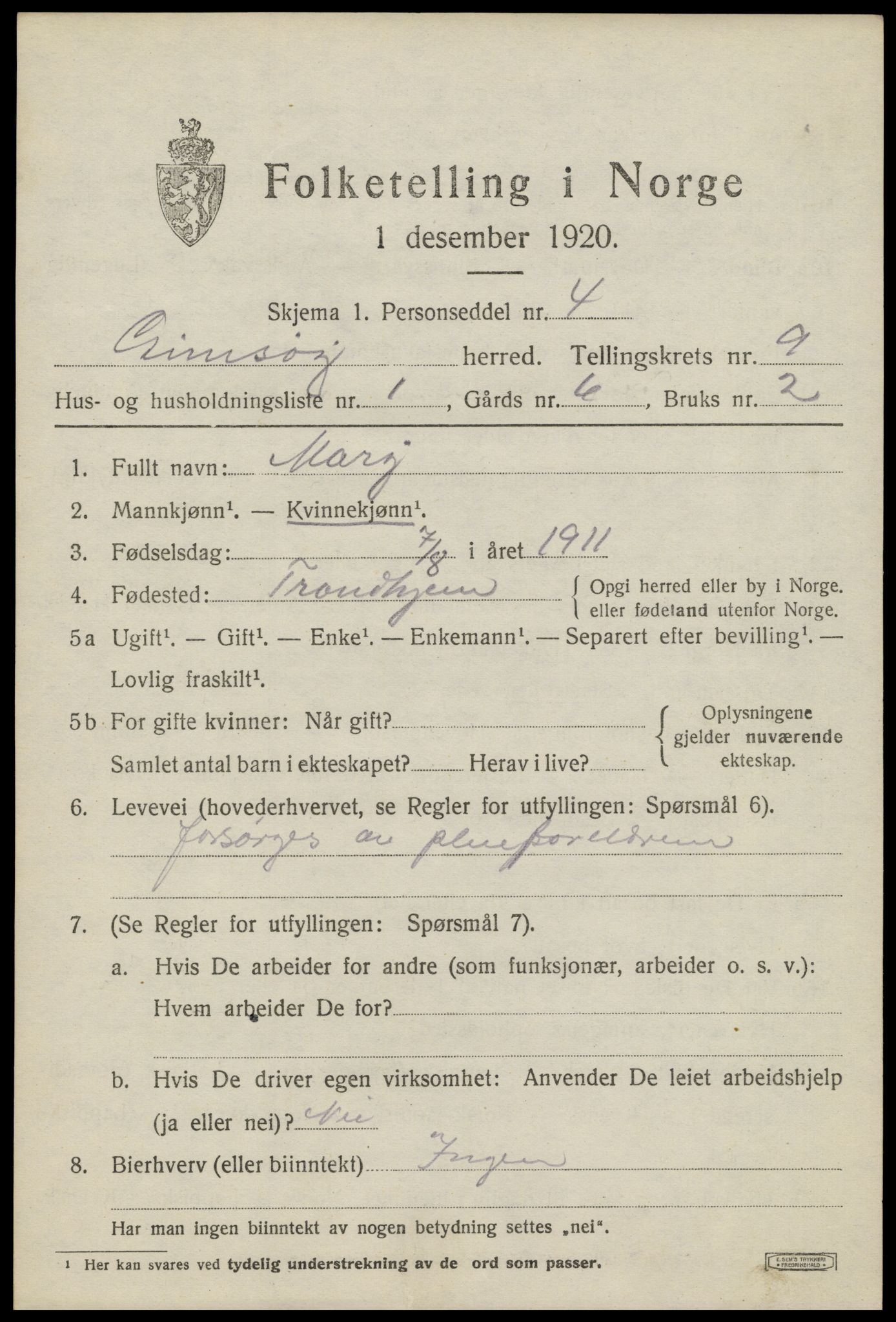 SAT, 1920 census for Gimsøy, 1920, p. 3559