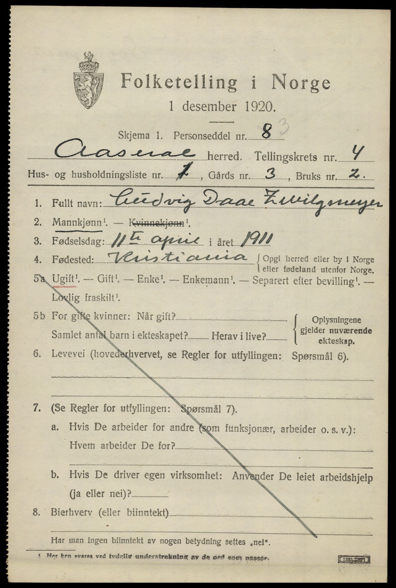 SAK, 1920 census for Åseral, 1920, p. 1190