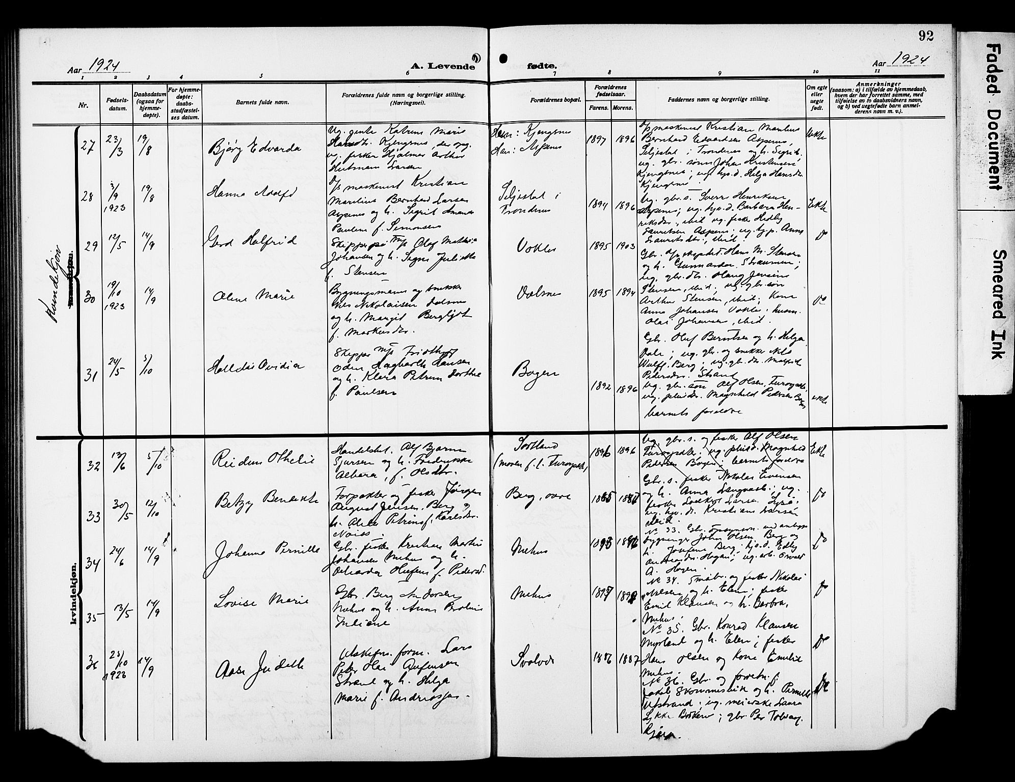 Kvæfjord sokneprestkontor, AV/SATØ-S-1323/G/Ga/Gab/L0006klokker: Parish register (copy) no. 6, 1912-1931, p. 92