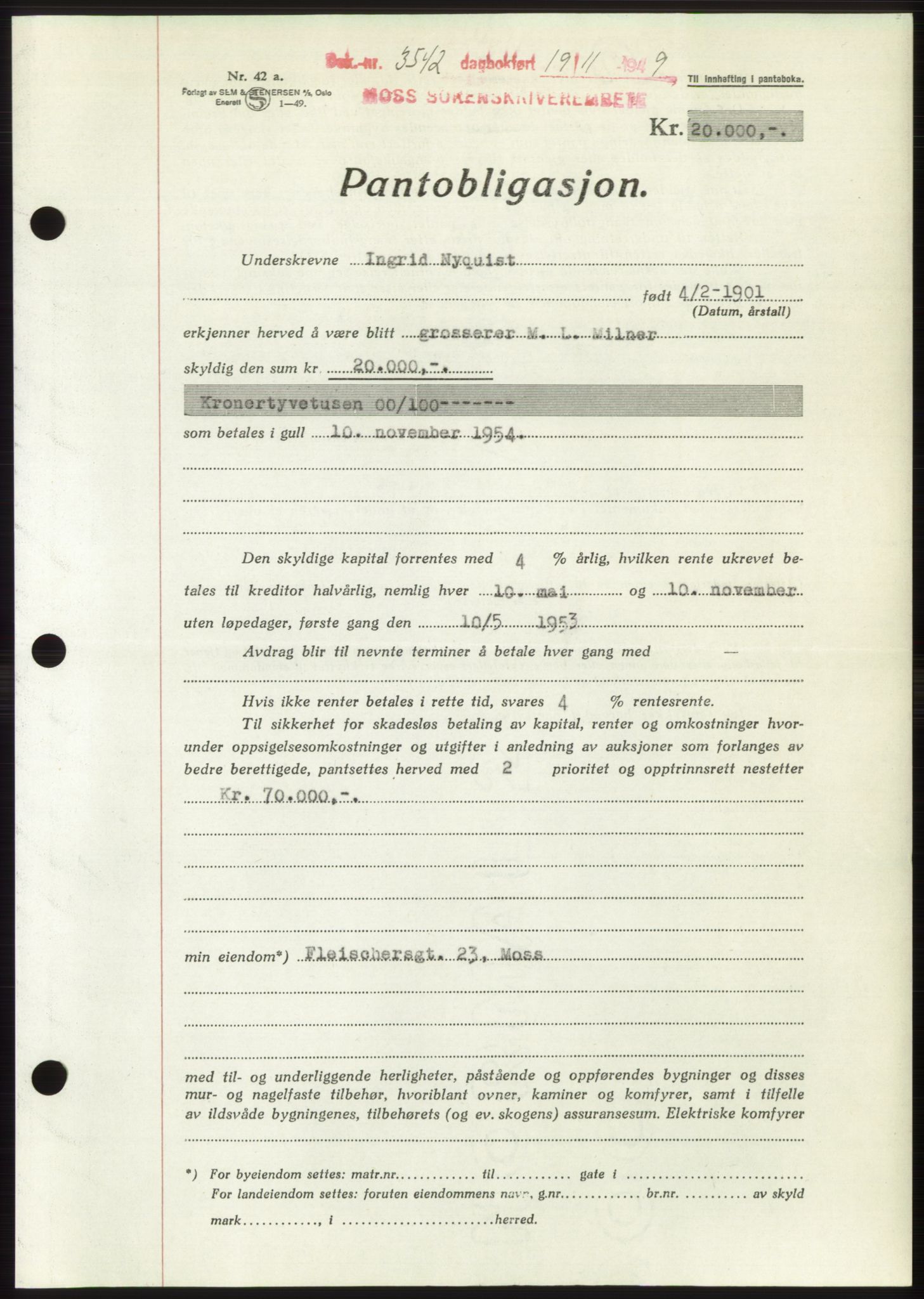 Moss sorenskriveri, SAO/A-10168: Mortgage book no. B23, 1949-1950, Diary no: : 3542/1949