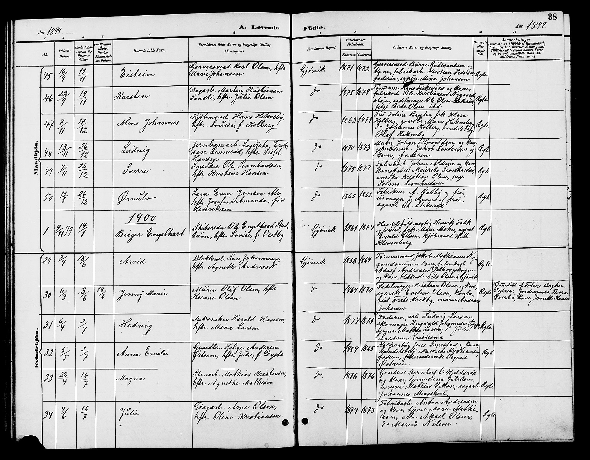 Vardal prestekontor, AV/SAH-PREST-100/H/Ha/Hab/L0009: Parish register (copy) no. 9, 1894-1902, p. 38