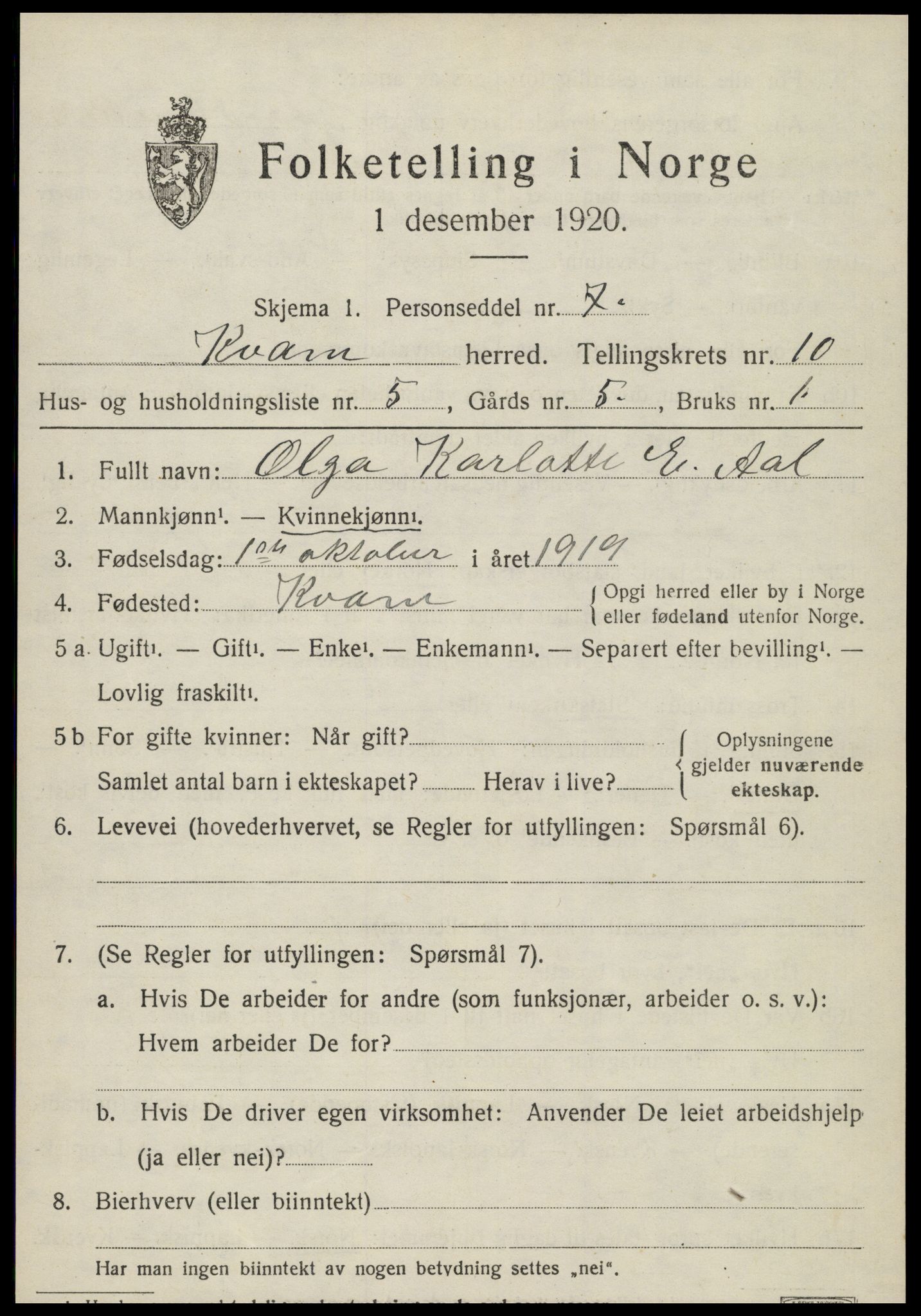 SAT, 1920 census for Kvam, 1920, p. 2559