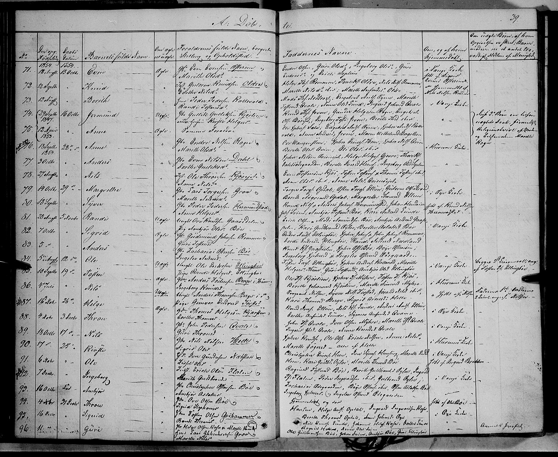 Vang prestekontor, Valdres, SAH/PREST-140/H/Ha/L0006: Parish register (official) no. 6, 1846-1864, p. 39