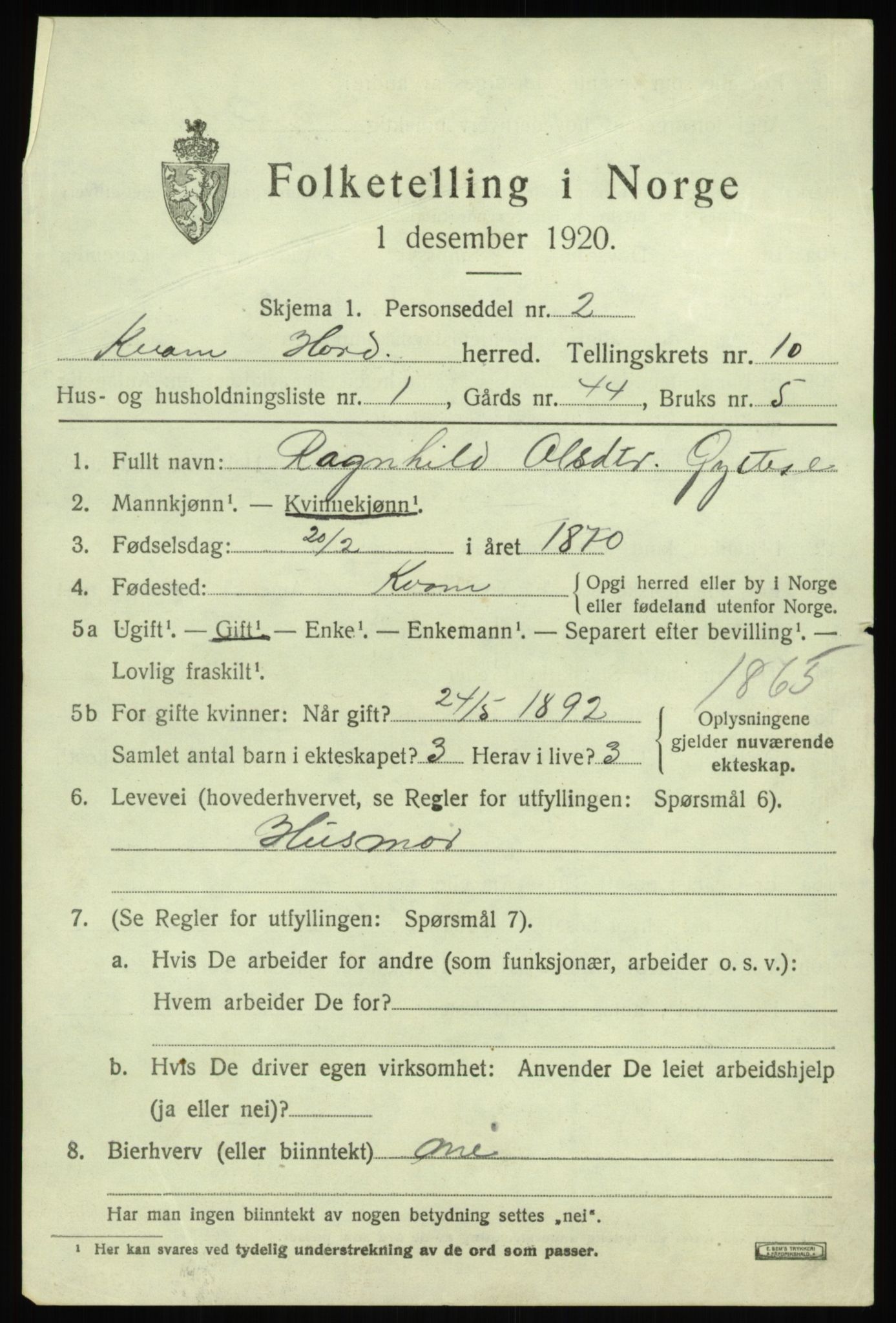 SAB, 1920 census for Kvam, 1920, p. 6323