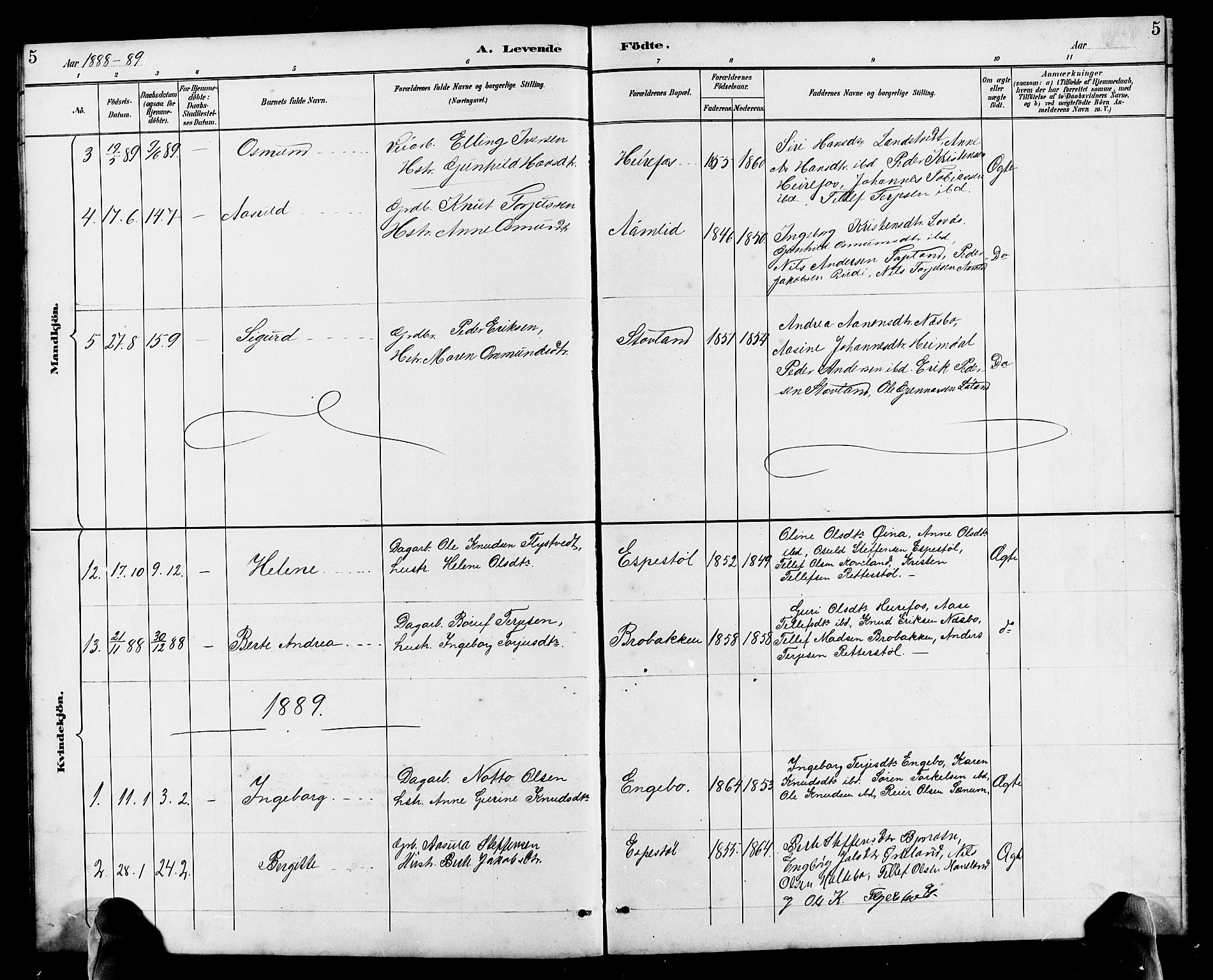 Herefoss sokneprestkontor, SAK/1111-0019/F/Fb/Fba/L0003: Parish register (copy) no. B 3, 1887-1925, p. 5