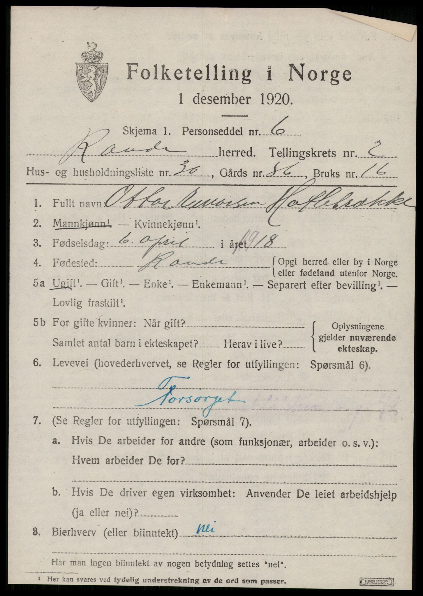 SAT, 1920 census for Rovde, 1920, p. 933