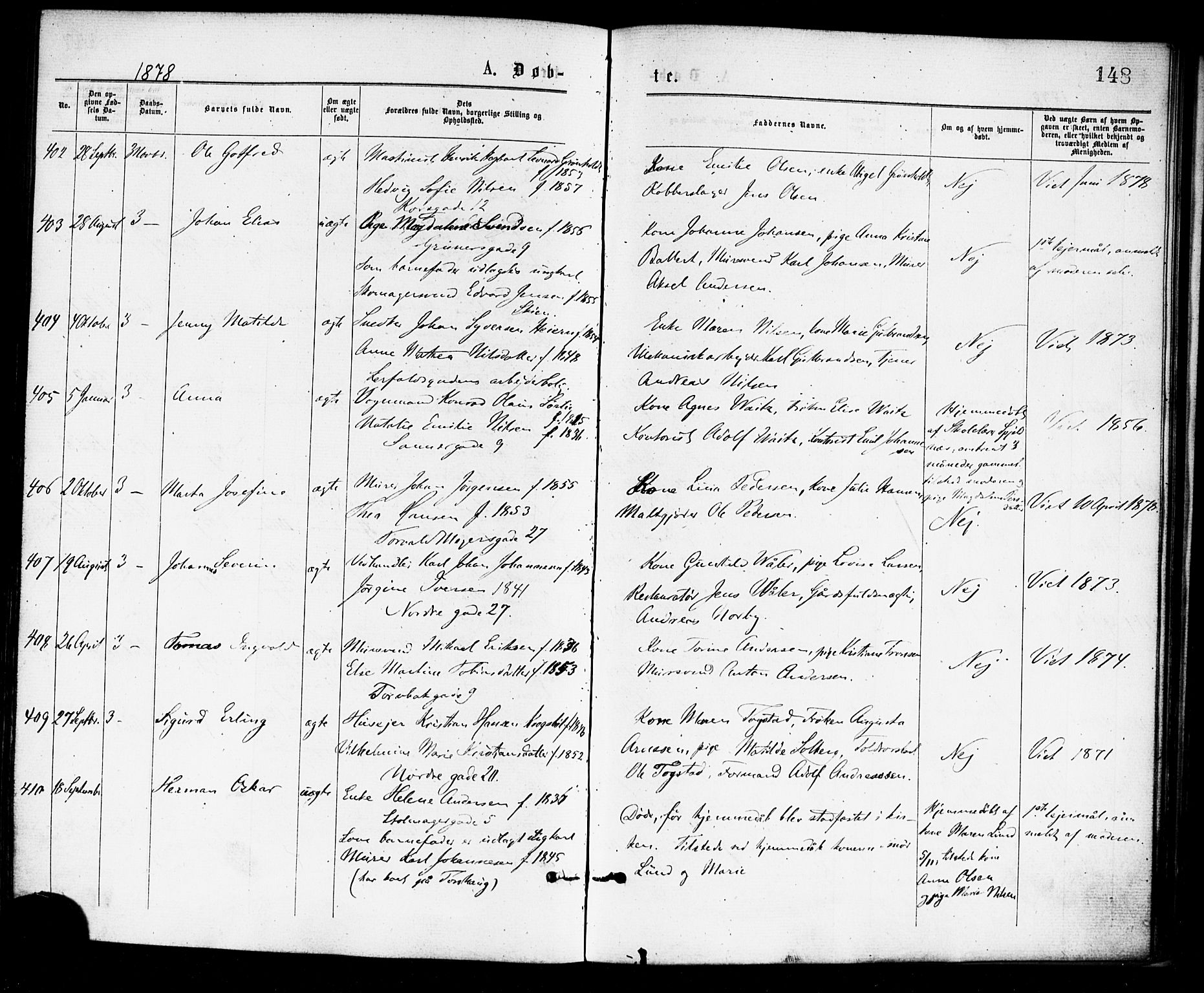 Paulus prestekontor Kirkebøker, AV/SAO-A-10871/F/Fa/L0001: Parish register (official) no. 1, 1875-1878, p. 148