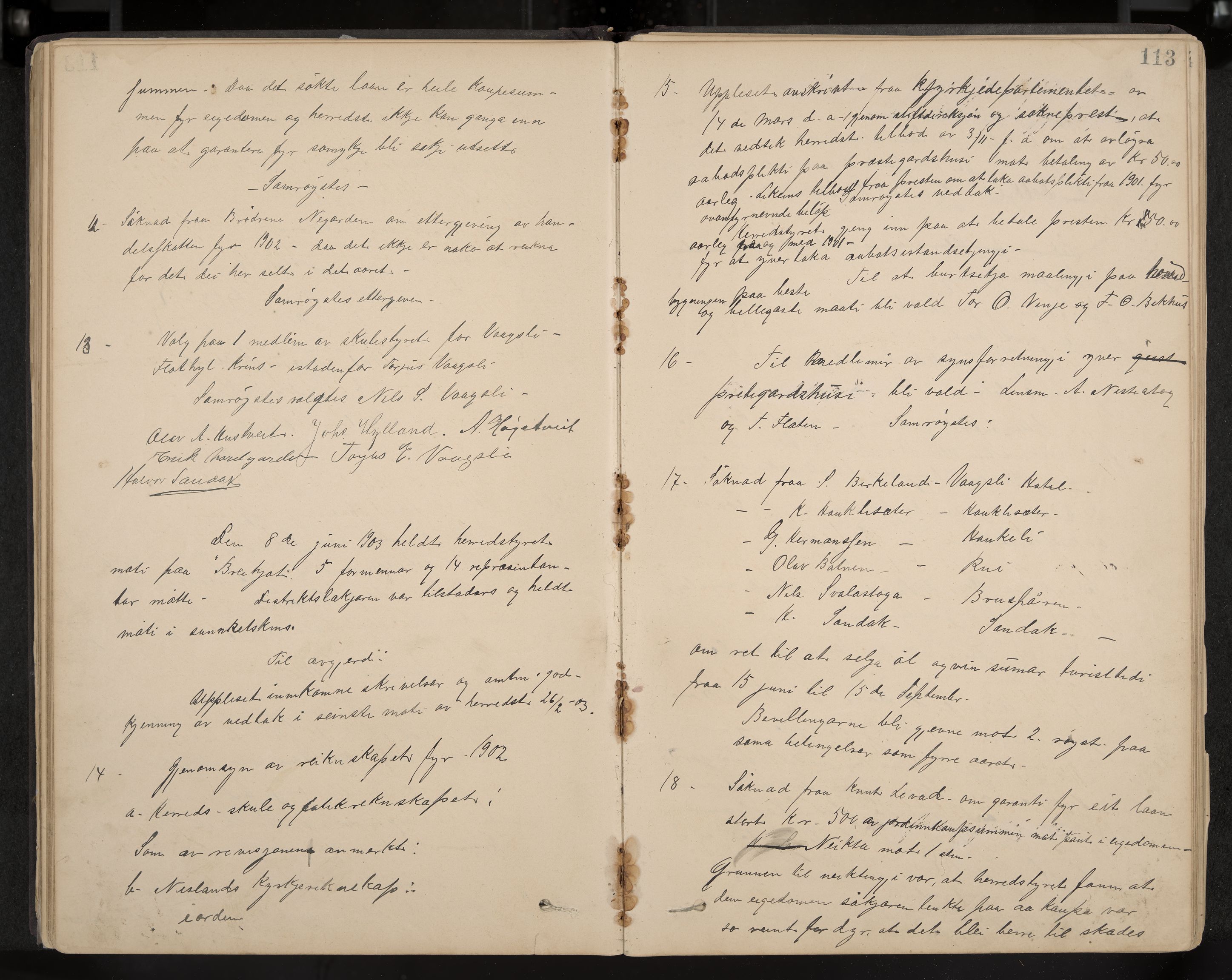 Vinje formannskap og sentraladministrasjon, IKAK/0834021-1/A/L0002: Møtebok, 1889-1913, p. 113