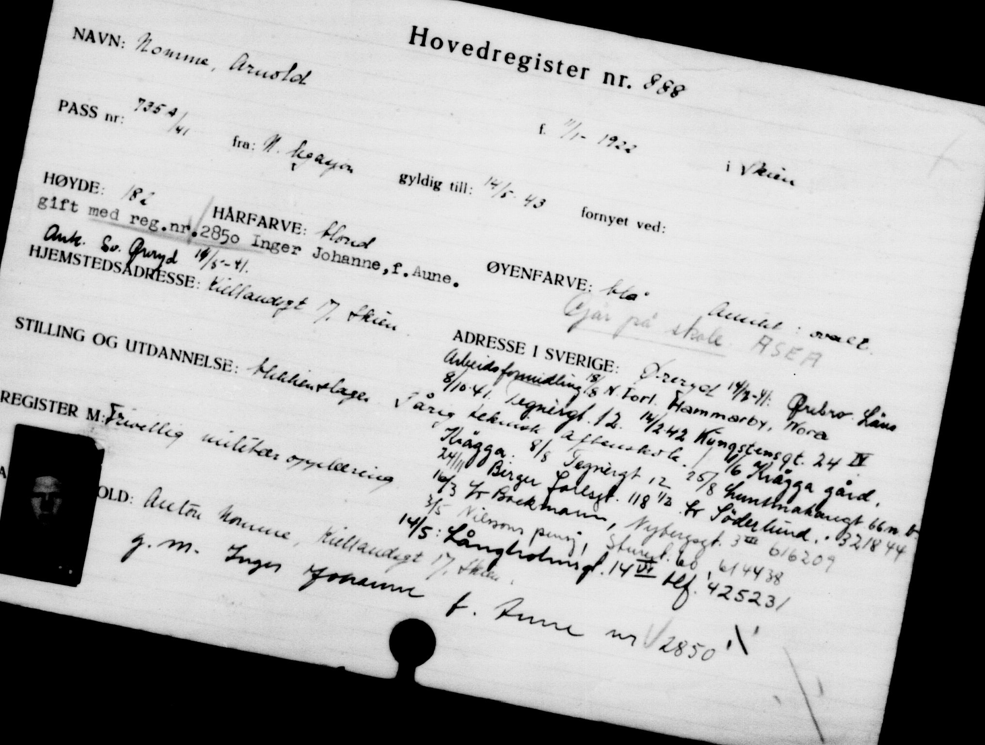 Utenriksstasjonene, Legasjonen i Stockholm, Flyktningkontoret, AV/RA-S-6753/V/Va/L0001: Kjesäterkartoteket, flyktninger med registreringsnr. 1-1000, 1940-1945, p. 1407