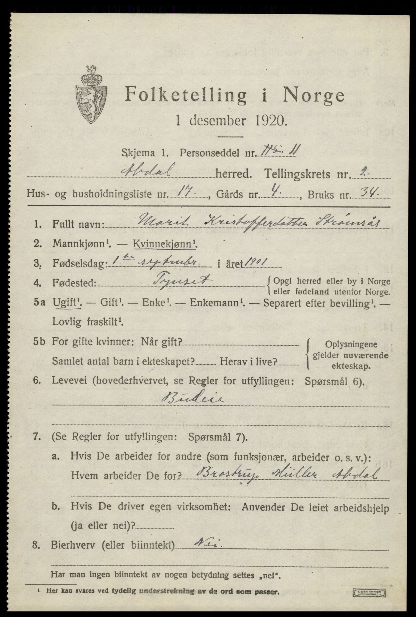 SAH, 1920 census for Alvdal, 1920, p. 1680