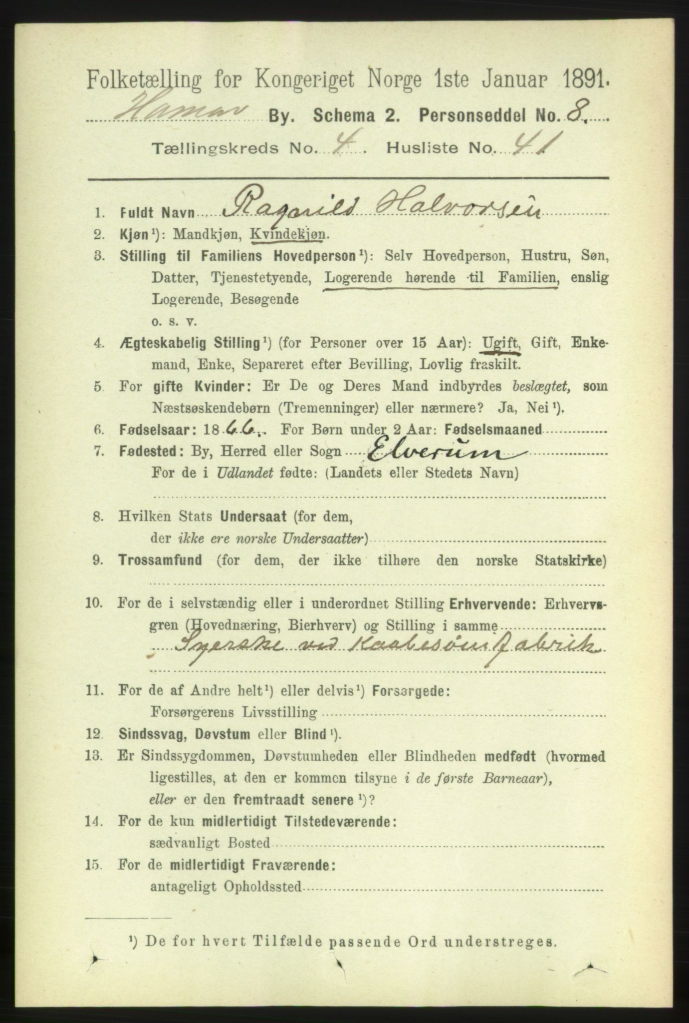 RA, 1891 census for 0401 Hamar, 1891, p. 3590