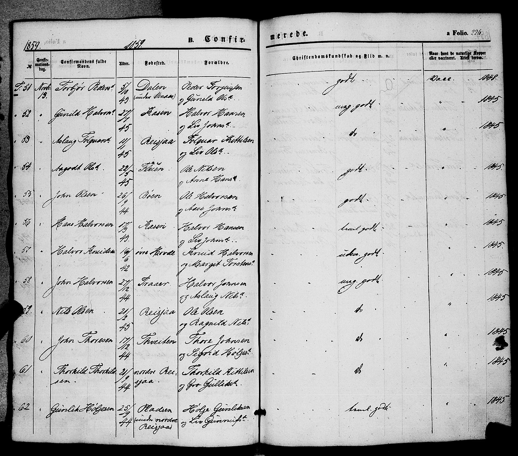 Hjartdal kirkebøker, AV/SAKO-A-270/F/Fa/L0008: Parish register (official) no. I 8, 1844-1859, p. 226