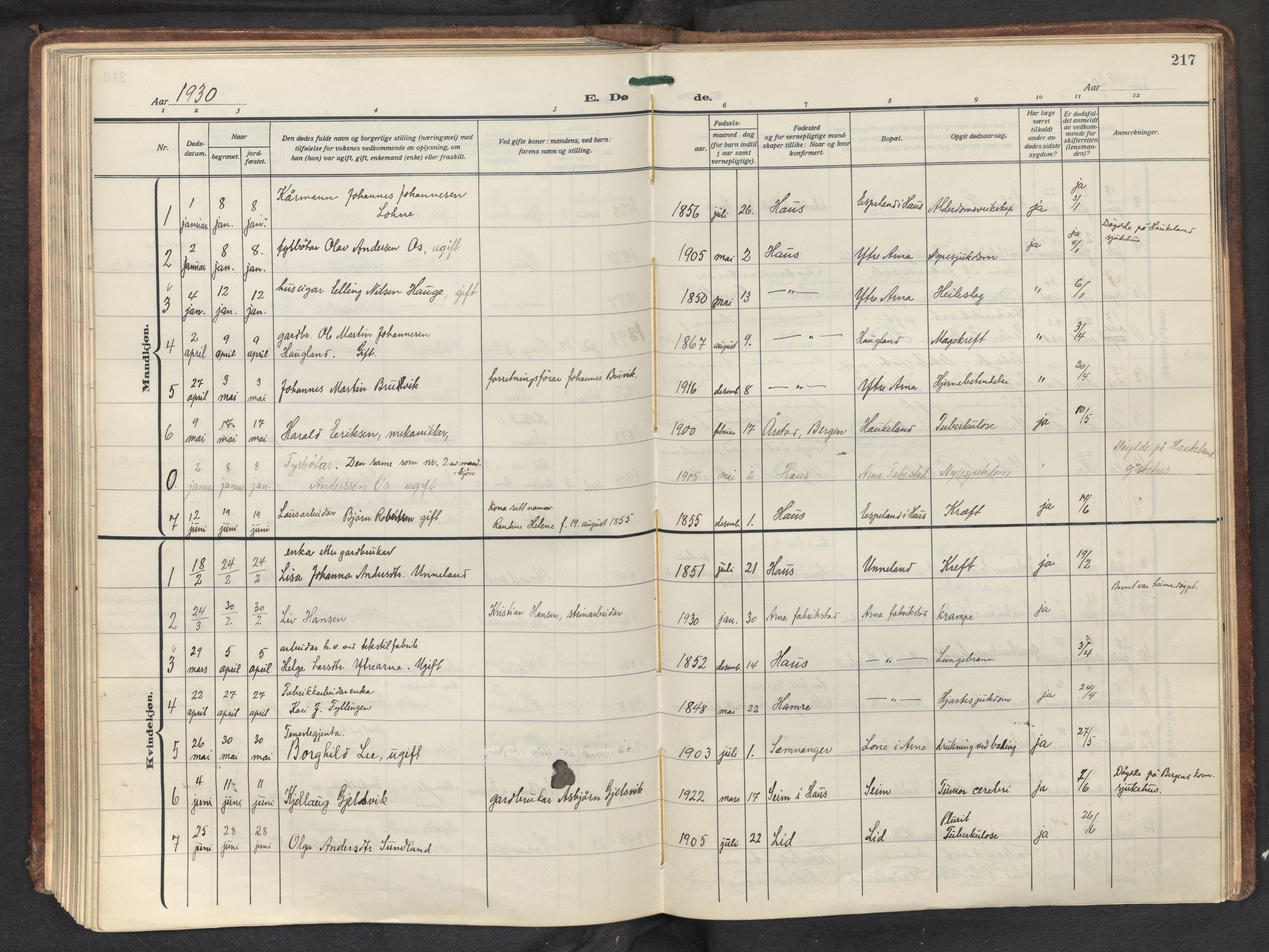 Haus sokneprestembete, AV/SAB-A-75601/H/Haa: Parish register (official) no. D 4, 1925-1939, p. 217