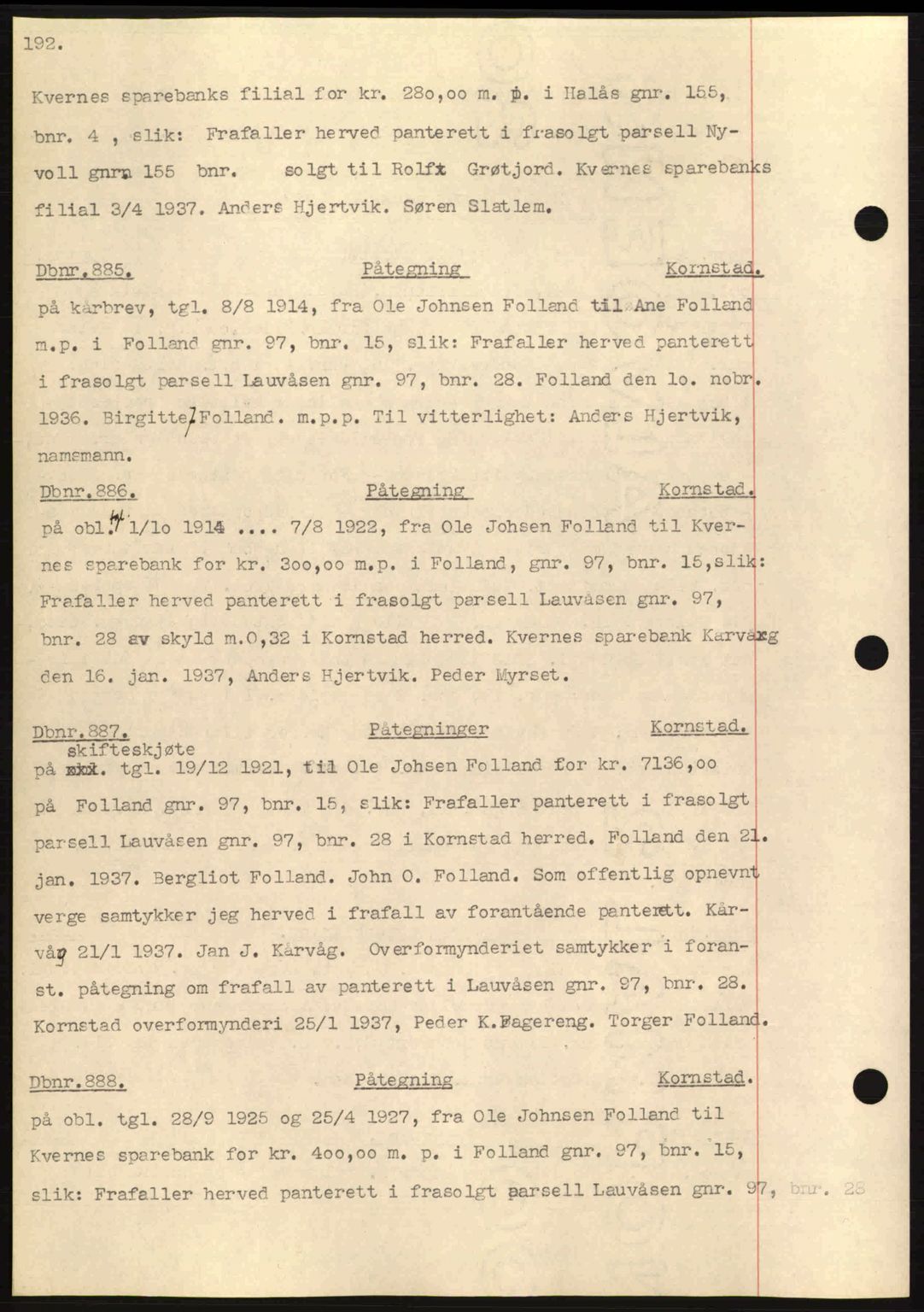 Nordmøre sorenskriveri, AV/SAT-A-4132/1/2/2Ca: Mortgage book no. C80, 1936-1939, Diary no: : 885/1937