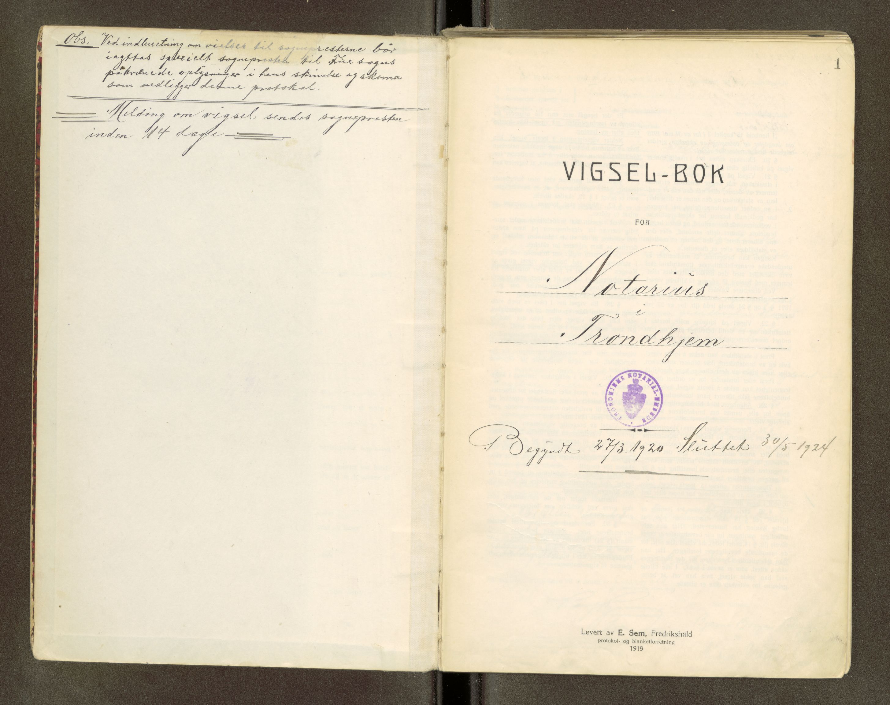 Trondheim byfogd, AV/SAT-A-0003/1/6/6D/L0001: Vigselbøker, 1920-1937, p. 1