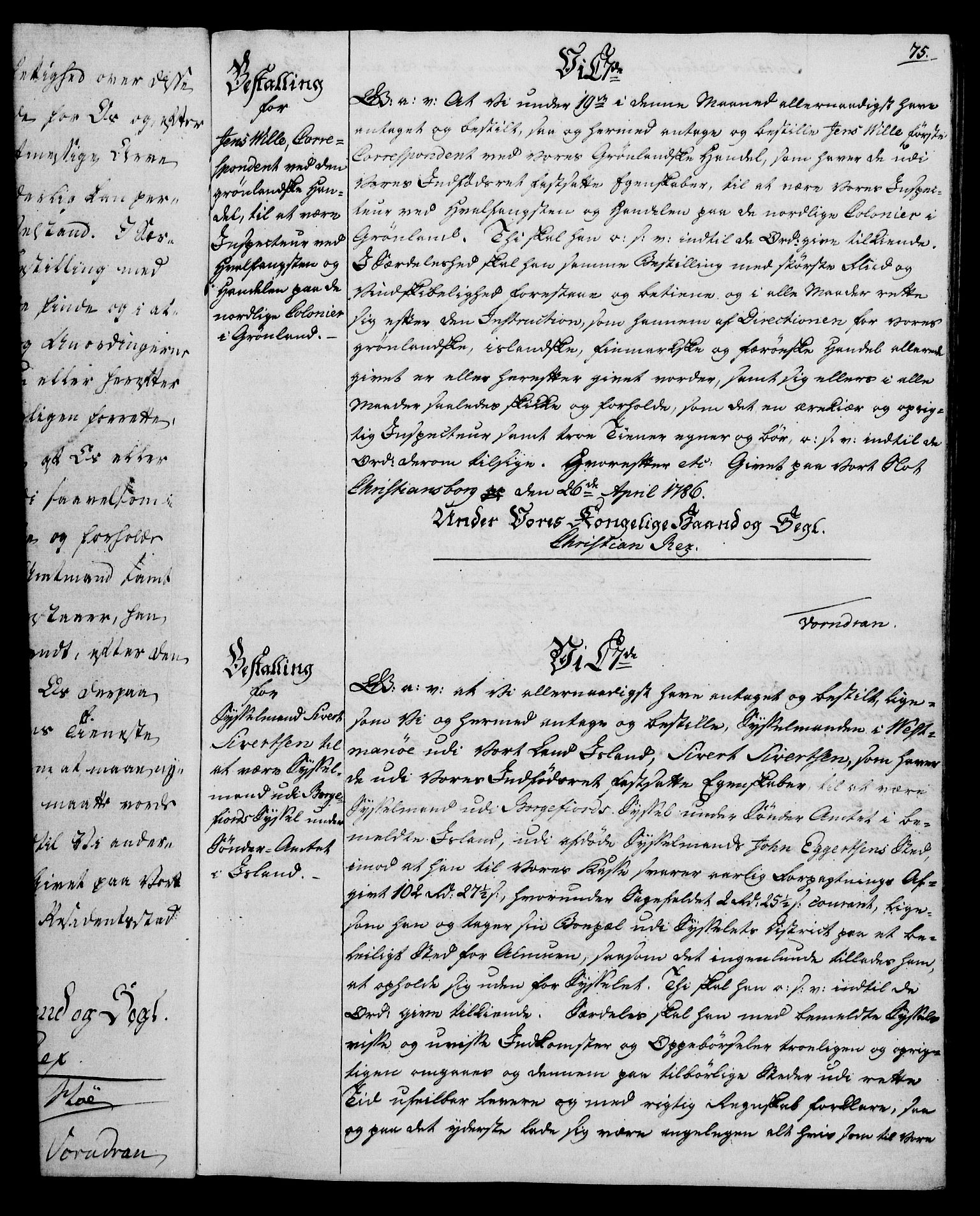 Rentekammeret, Kammerkanselliet, RA/EA-3111/G/Gg/Gge/L0006: Norsk bestallingsprotokoll med register (merket RK 53.30), 1773-1814, p. 75