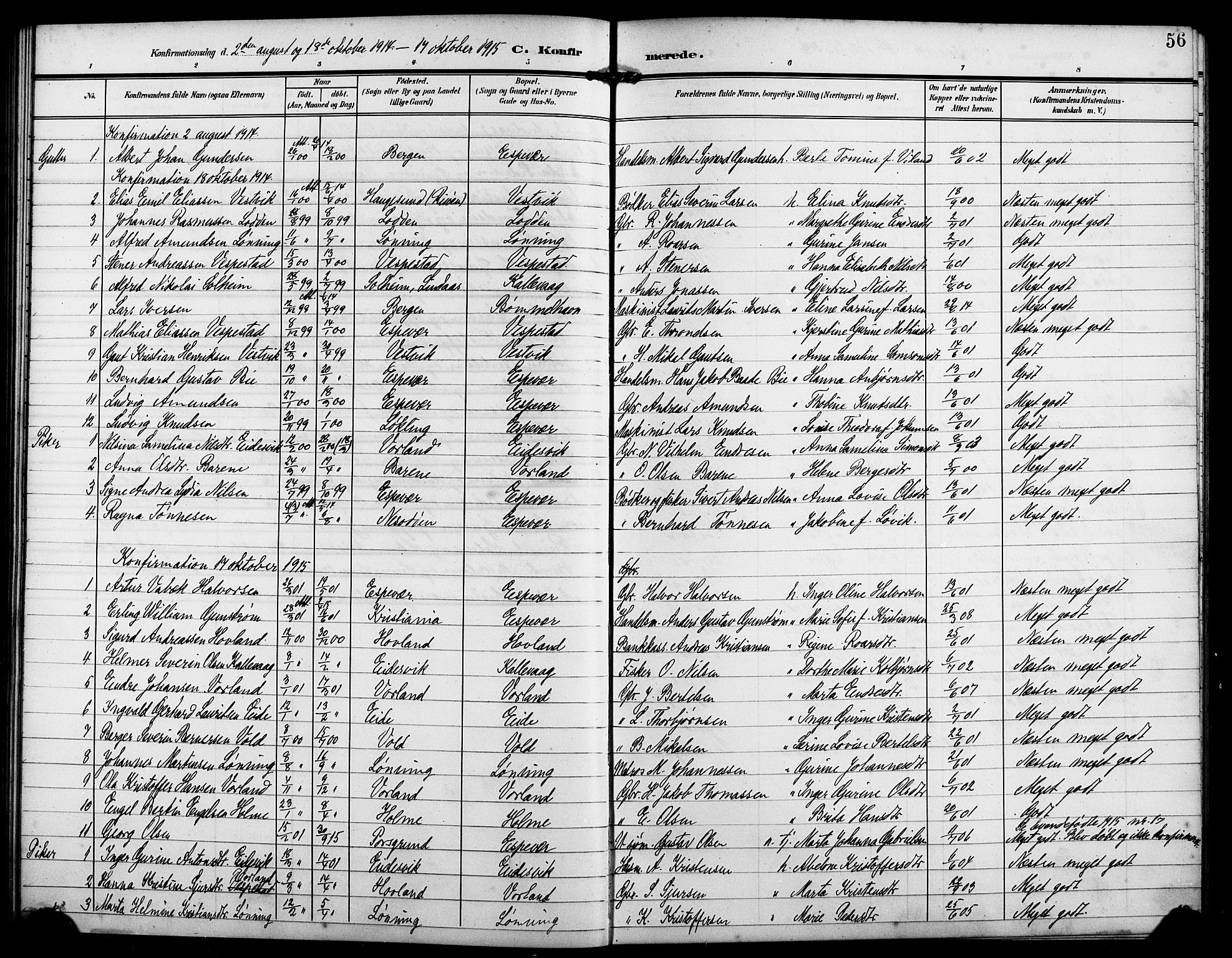 Finnås sokneprestembete, AV/SAB-A-99925/H/Ha/Hab/Habc/L0003: Parish register (copy) no. C 3, 1907-1917, p. 56