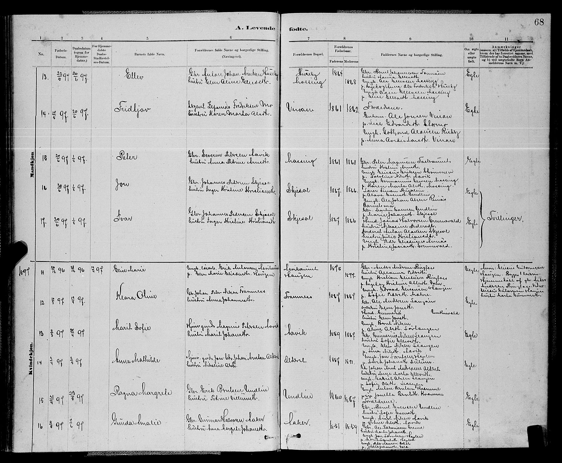 Ministerialprotokoller, klokkerbøker og fødselsregistre - Nord-Trøndelag, AV/SAT-A-1458/714/L0134: Parish register (copy) no. 714C03, 1878-1898, p. 68