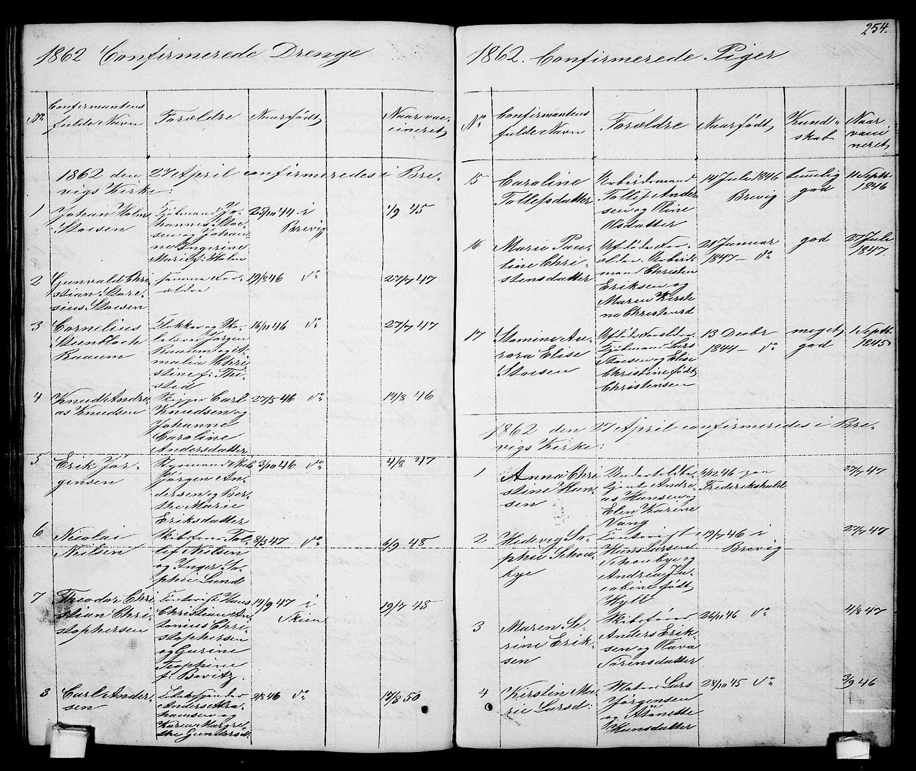 Brevik kirkebøker, SAKO/A-255/G/Ga/L0002: Parish register (copy) no. 2, 1846-1865, p. 254