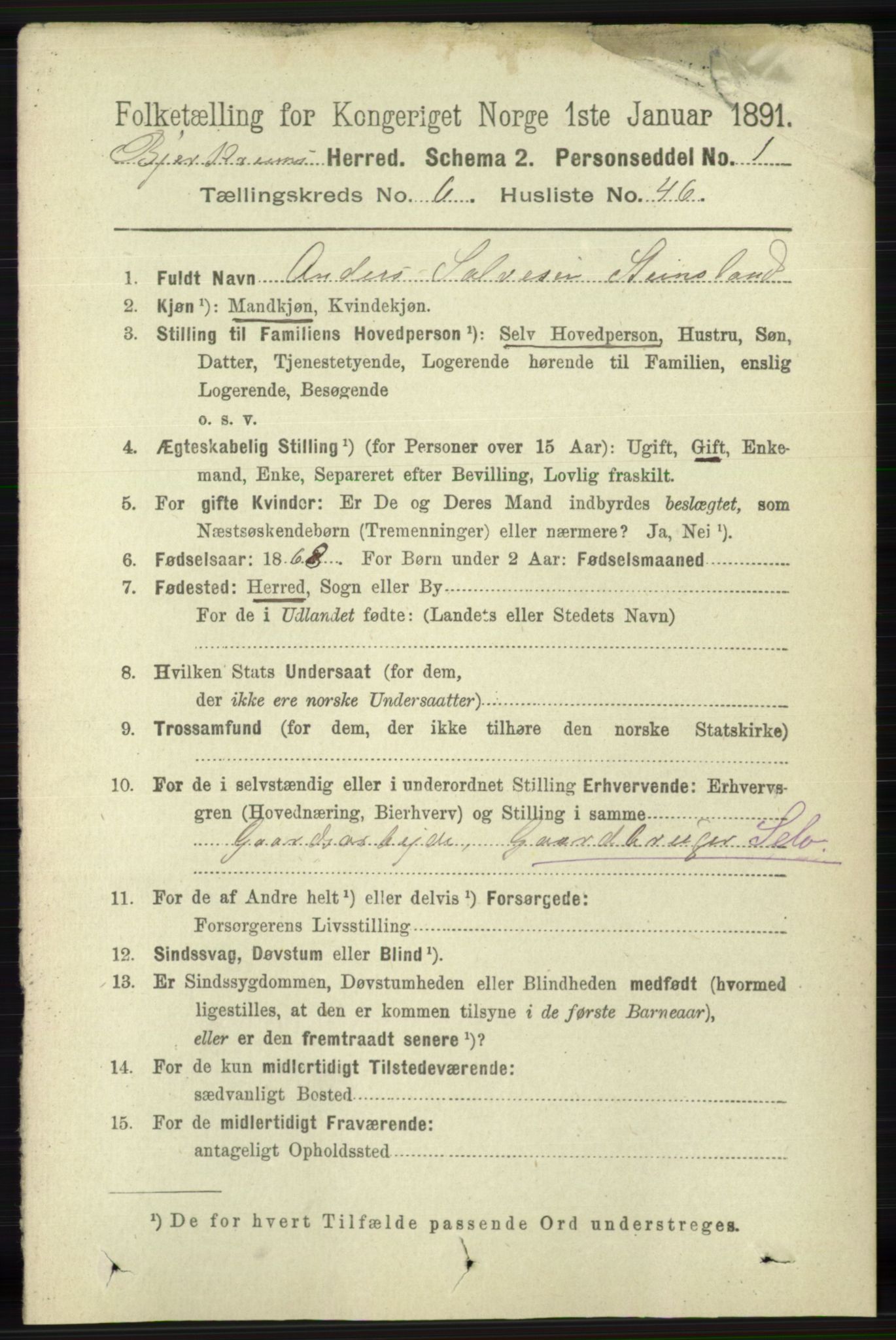 RA, 1891 census for 1114 Bjerkreim, 1891, p. 2400