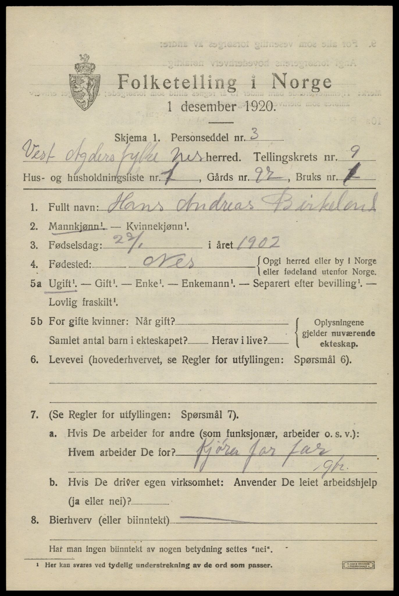 SAK, 1920 census for Nes (V-A), 1920, p. 3766