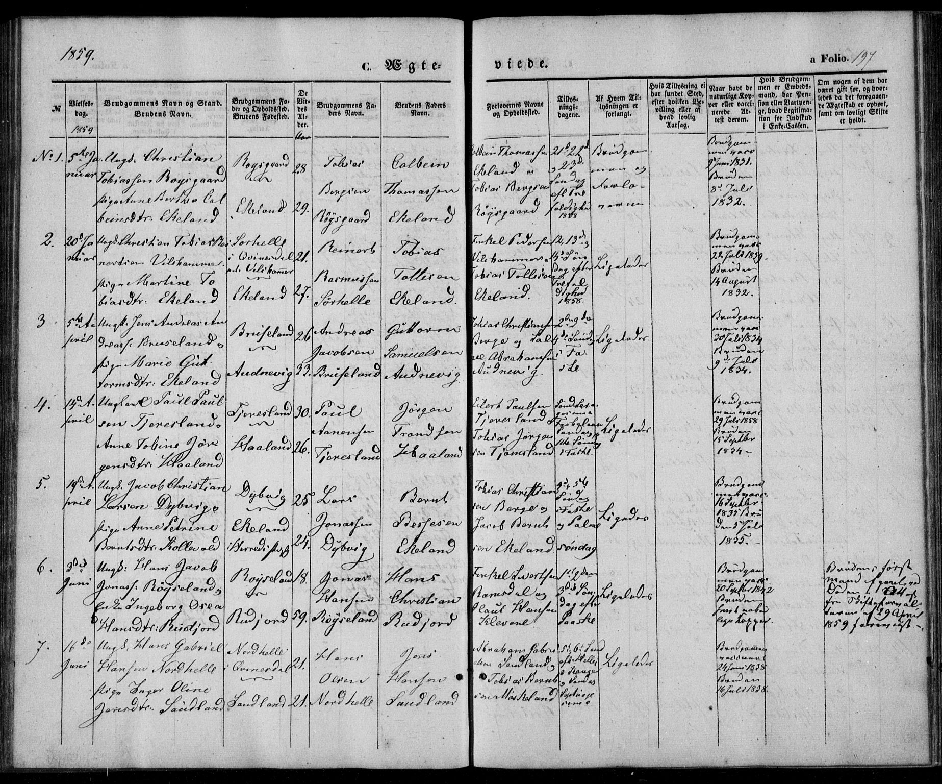 Lyngdal sokneprestkontor, AV/SAK-1111-0029/F/Fa/Fac/L0009: Parish register (official) no. A 9, 1852-1864, p. 197