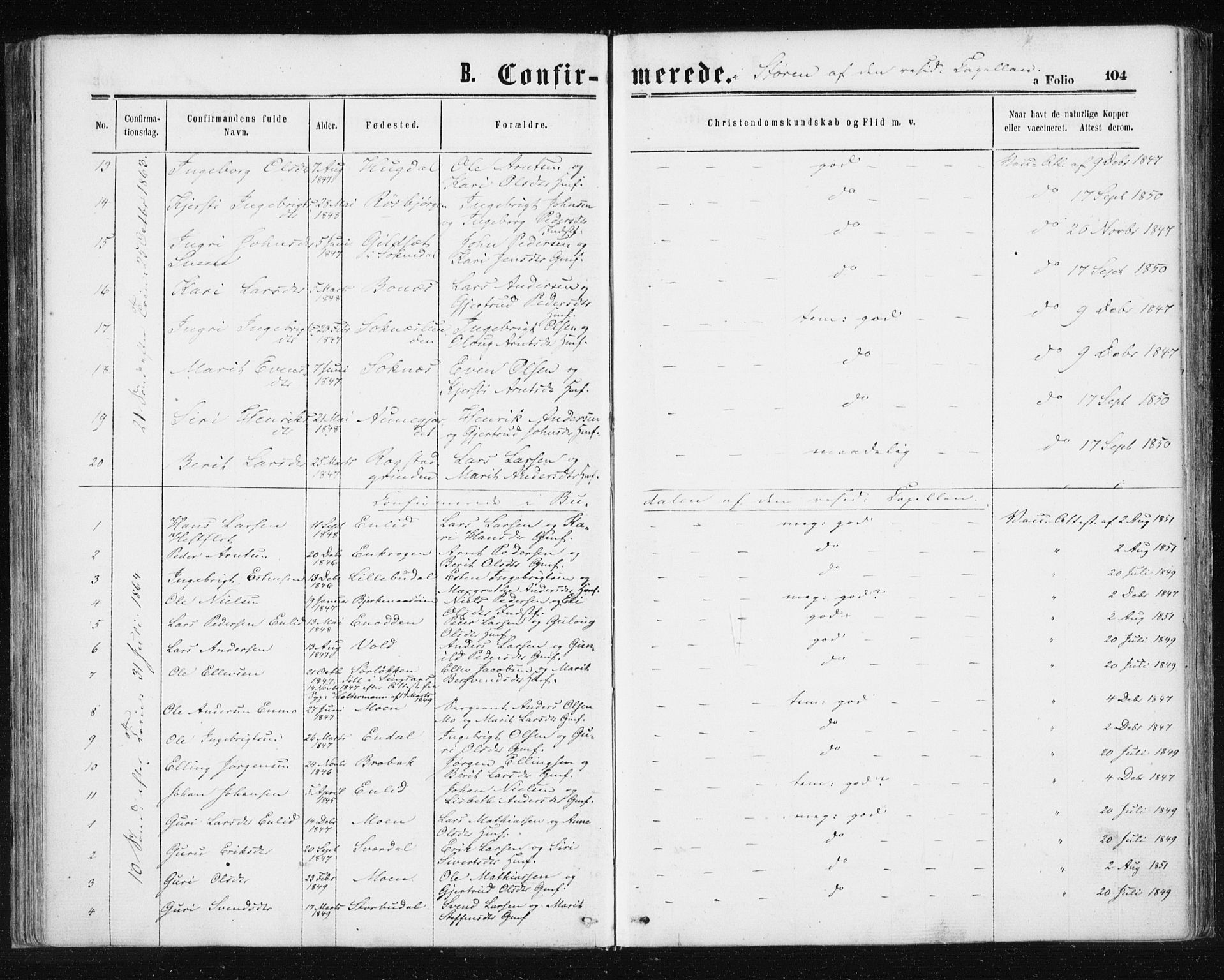 Ministerialprotokoller, klokkerbøker og fødselsregistre - Sør-Trøndelag, AV/SAT-A-1456/687/L1001: Parish register (official) no. 687A07, 1863-1878, p. 104