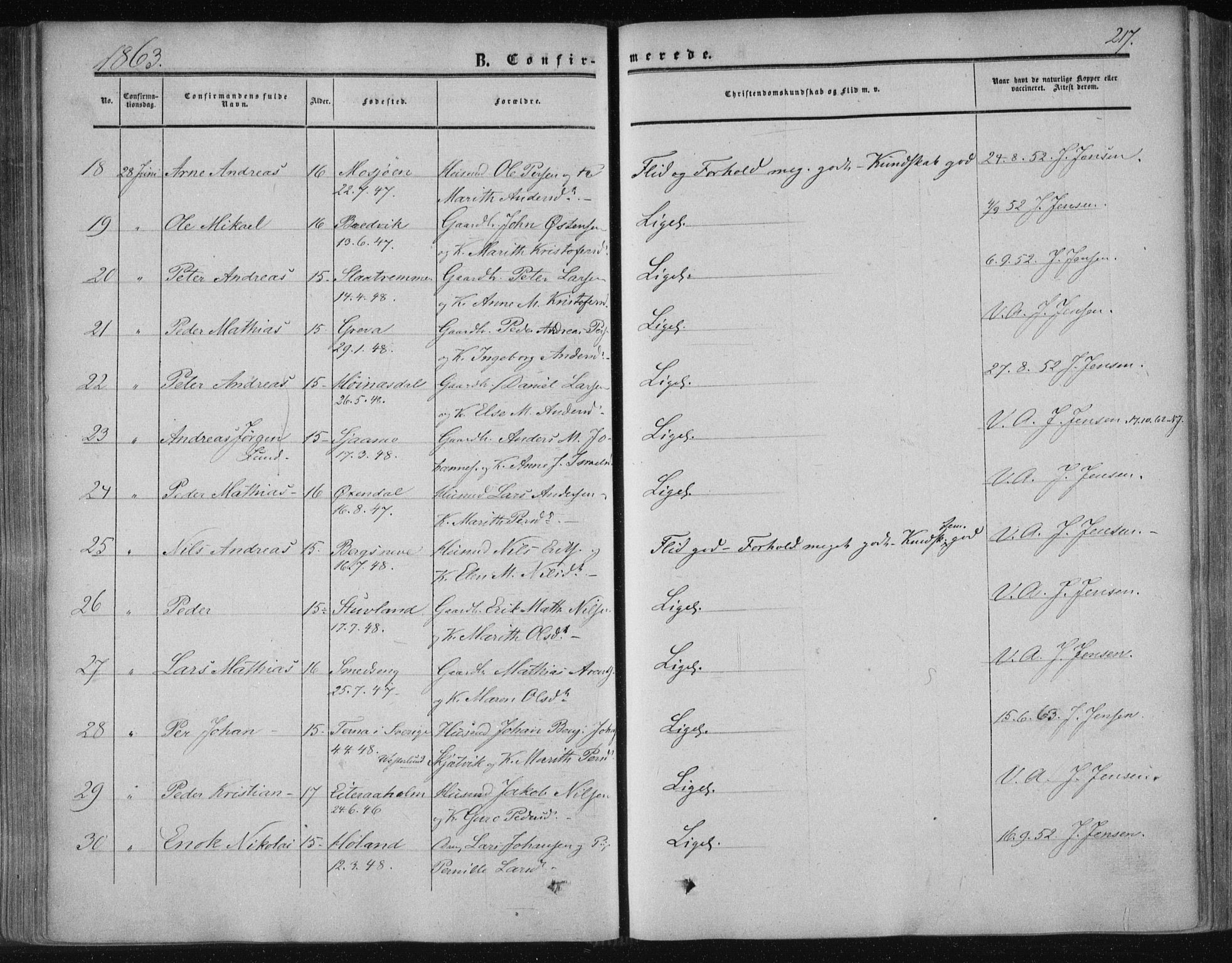 Ministerialprotokoller, klokkerbøker og fødselsregistre - Nordland, AV/SAT-A-1459/820/L0293: Parish register (official) no. 820A14, 1855-1865, p. 217