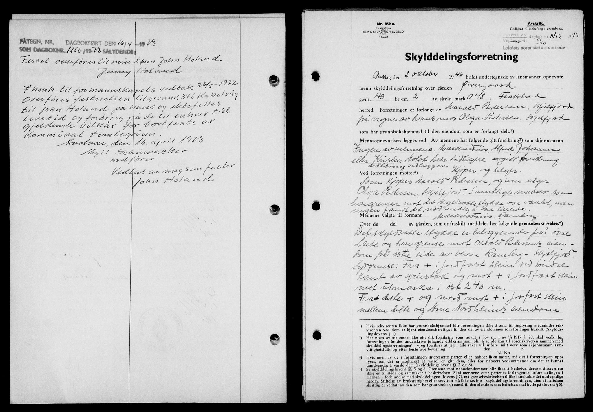 Lofoten sorenskriveri, SAT/A-0017/1/2/2C/L0014a: Mortgage book no. 14a, 1946-1946, Diary no: : 1412/1946