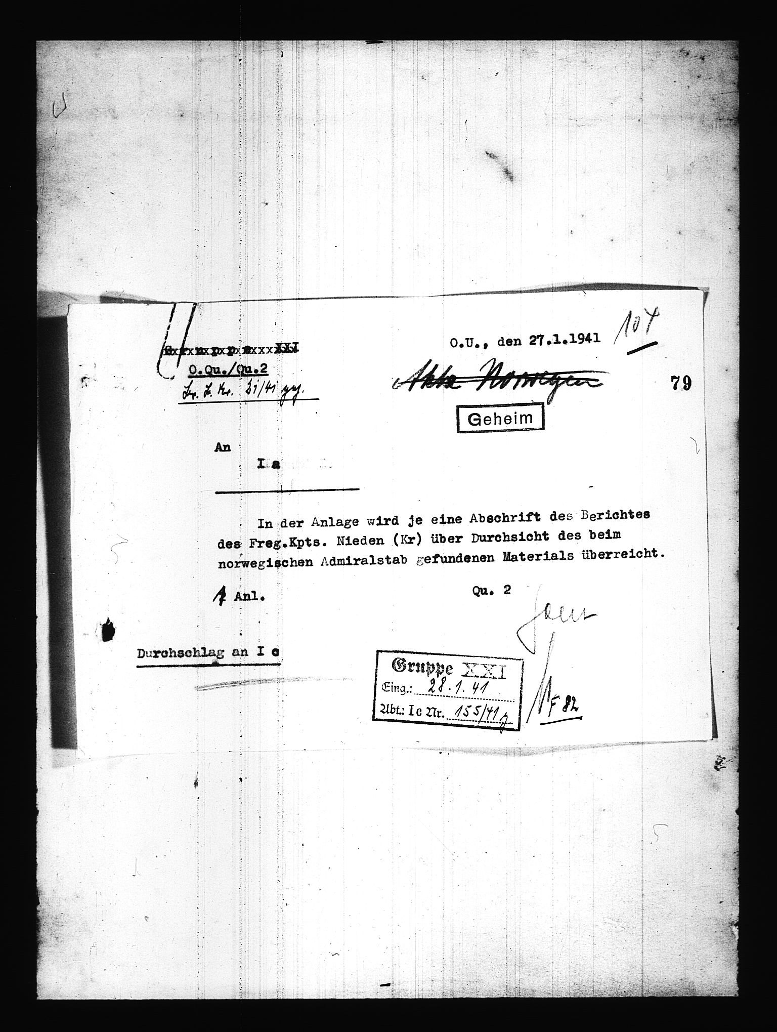 Documents Section, AV/RA-RAFA-2200/V/L0085: Amerikansk mikrofilm "Captured German Documents".
Box No. 724.  FKA jnr. 615/1954., 1940-1941, p. 290