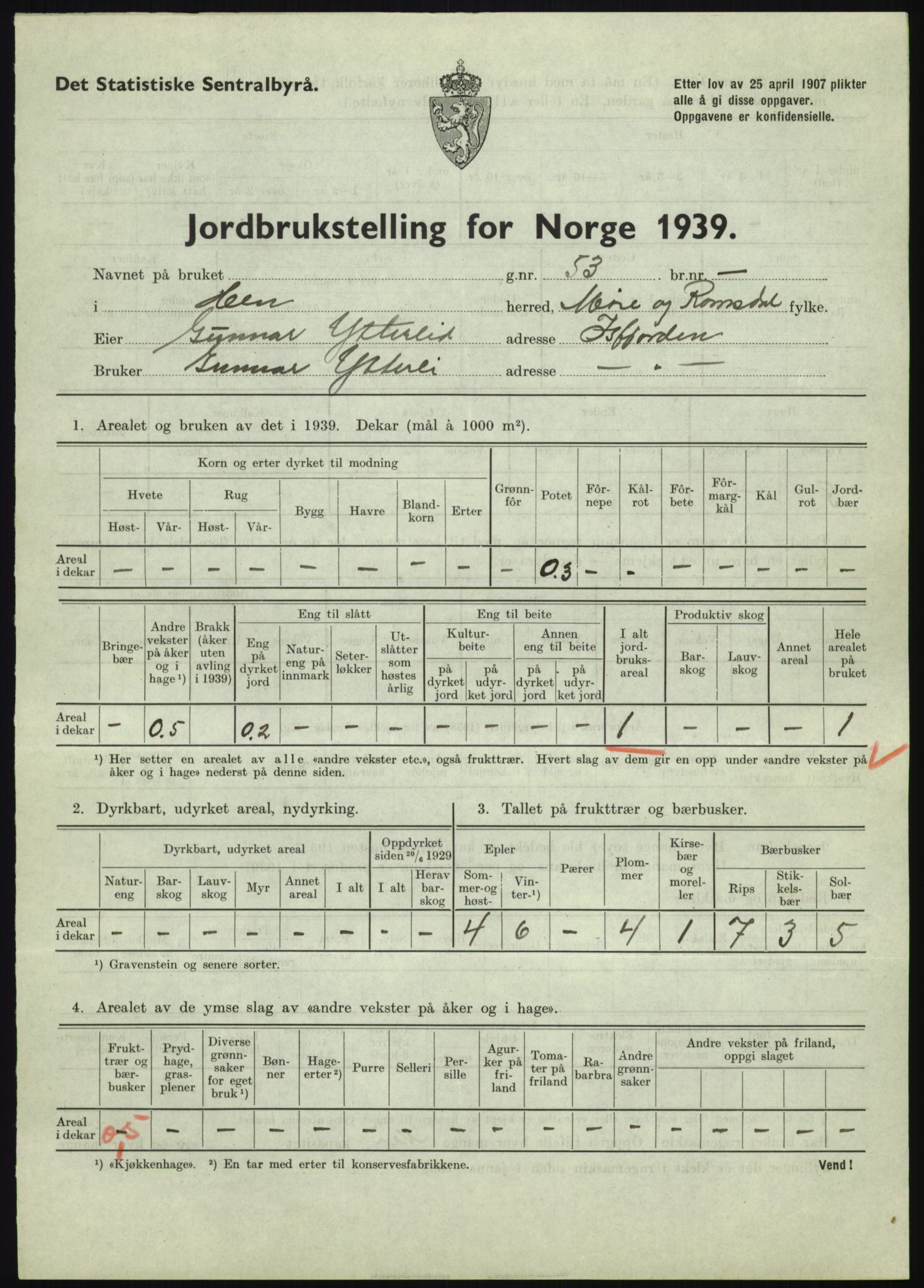 Statistisk sentralbyrå, Næringsøkonomiske emner, Jordbruk, skogbruk, jakt, fiske og fangst, AV/RA-S-2234/G/Gb/L0251: Møre og Romsdal: Voll, Eid, Grytten og Hen, 1939, p. 1051