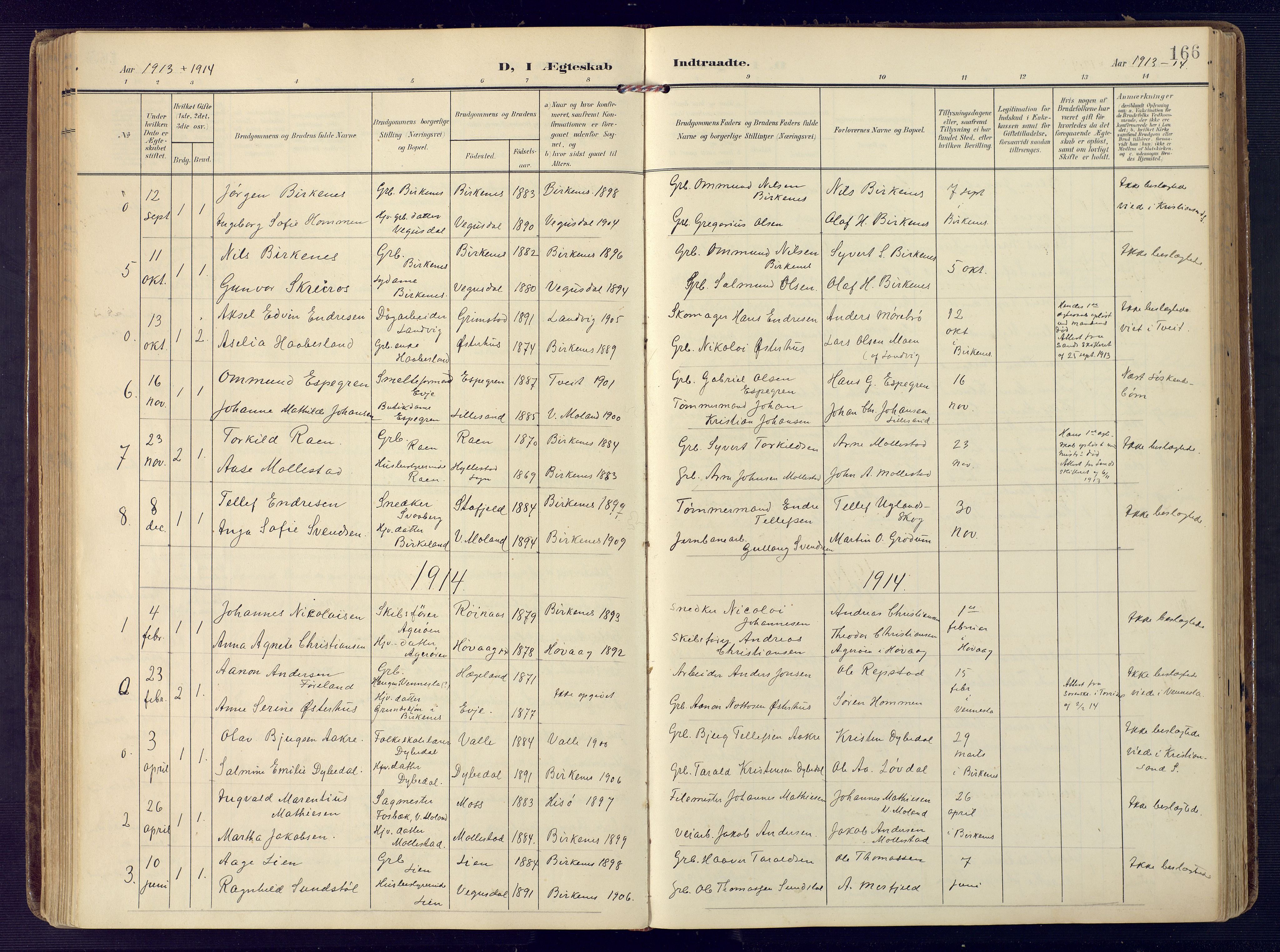 Birkenes sokneprestkontor, SAK/1111-0004/F/Fa/L0006: Parish register (official) no. A 6, 1908-1932, p. 166